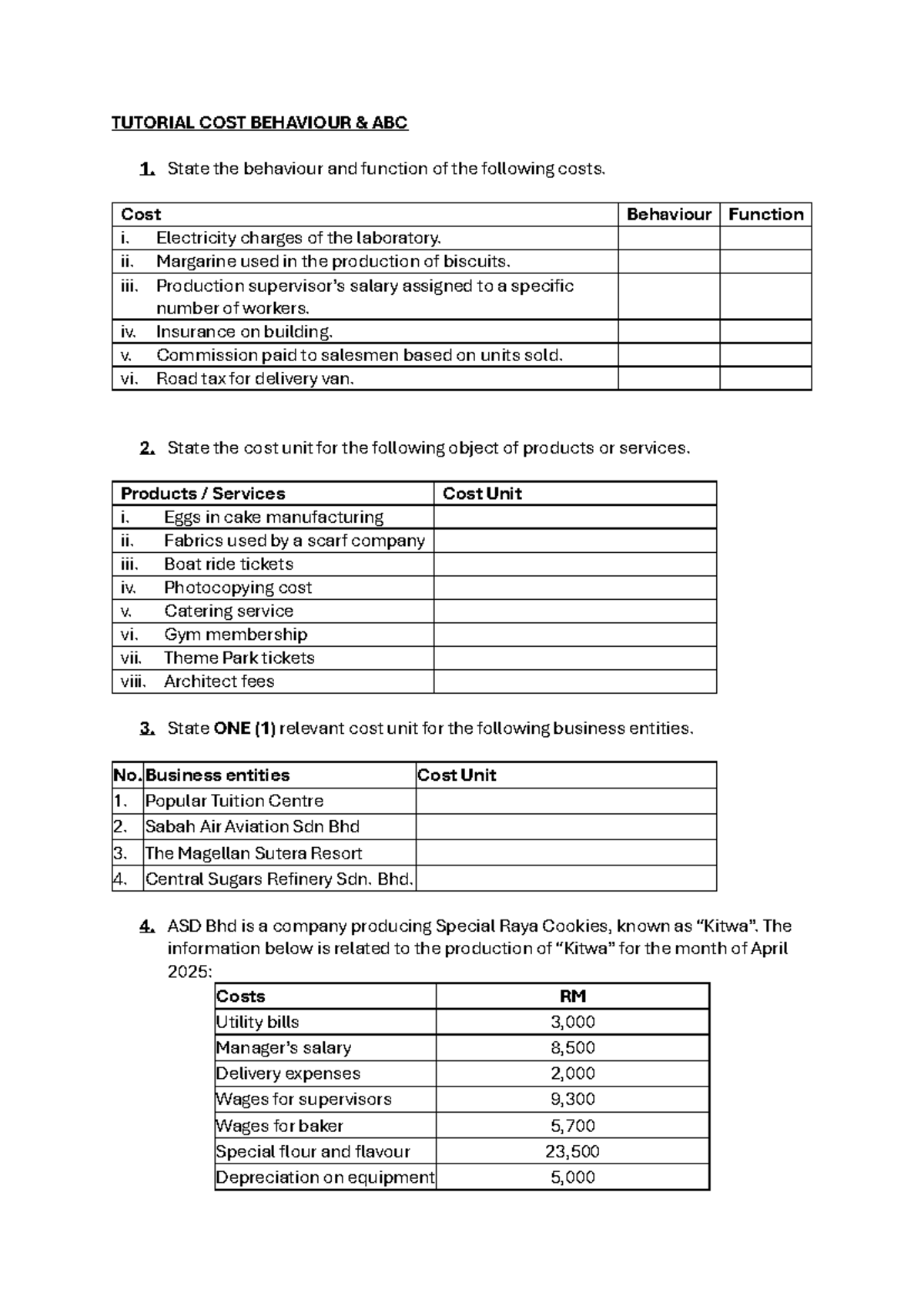 MAF451 Tutorial on Cost Behaviour and Activity-Based Costing (ABC ...
