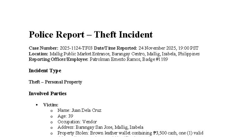 Police Report: Theft Incident at Mallig Public Market - Studocu