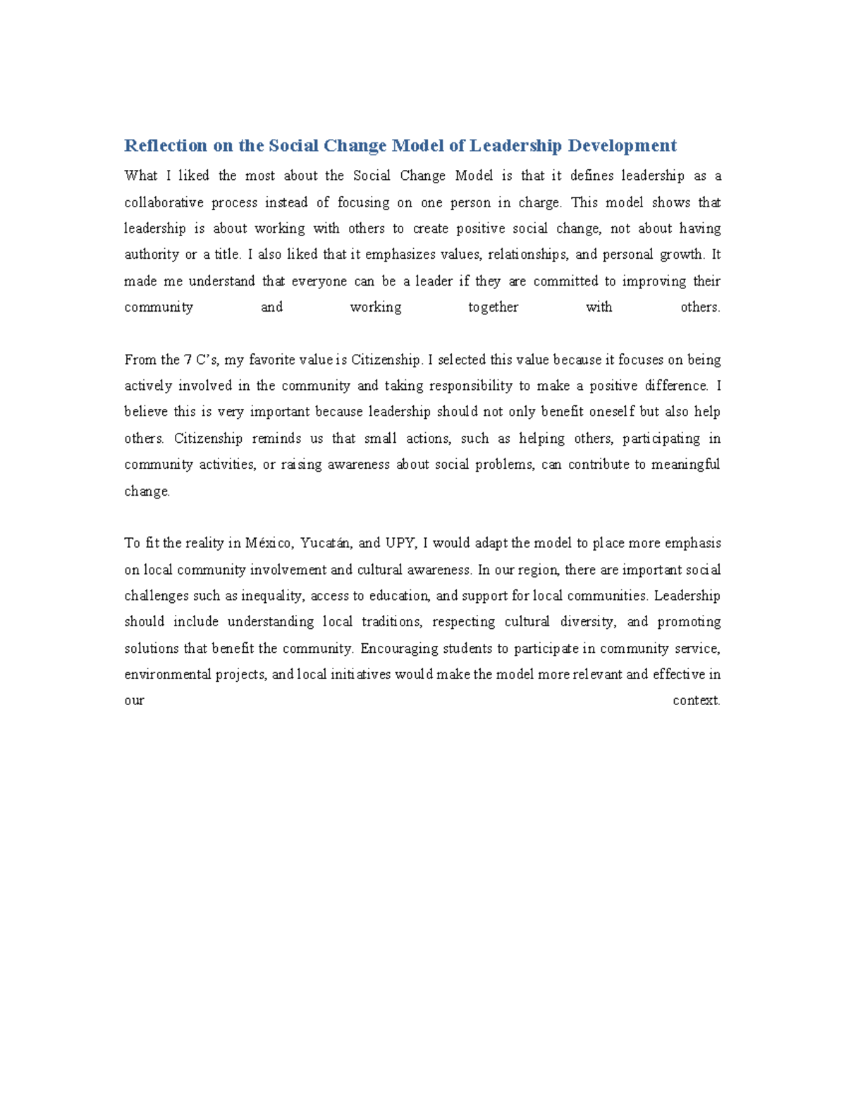 Reflection on the Social Change Model of Leadership Development - Studocu