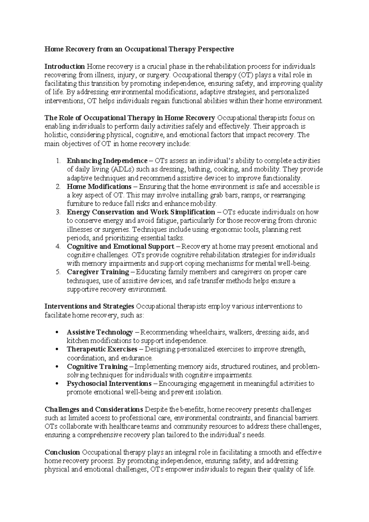 Occupational Therapy Impact on Home Recovery: A Comprehensive Overview ...