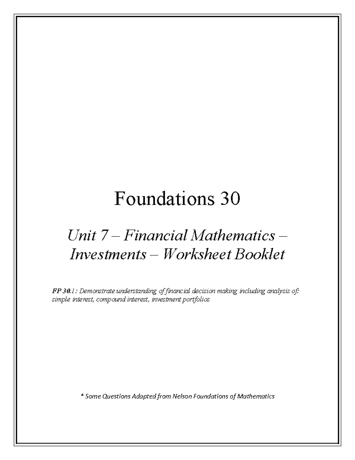 FP30 Unit 7 Financial Mathematics Investments Worksheet Booklet - Studocu
