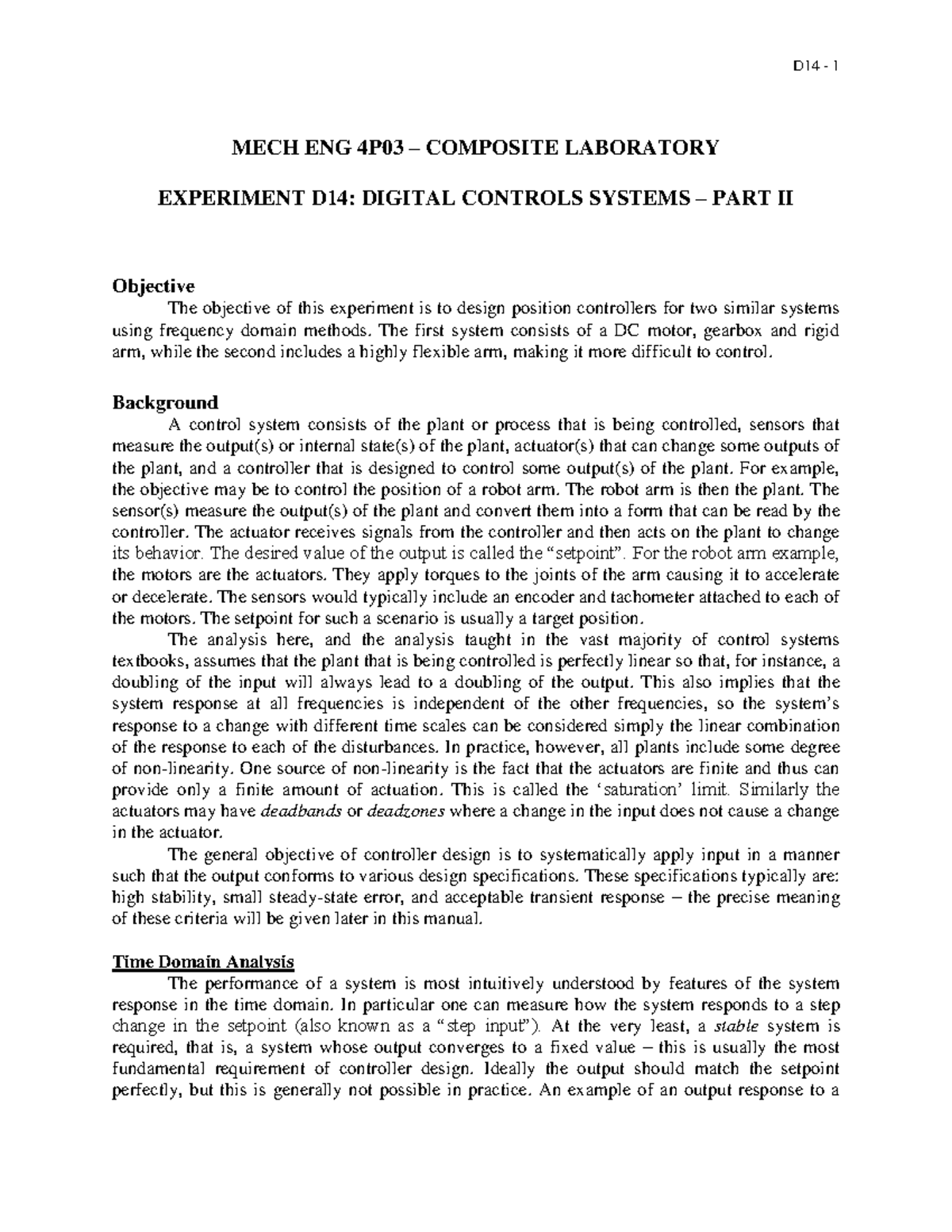 D14 - Control Systems - Part II - D14 - 1 MECH ENG 4P03 – COMPOSITE ...