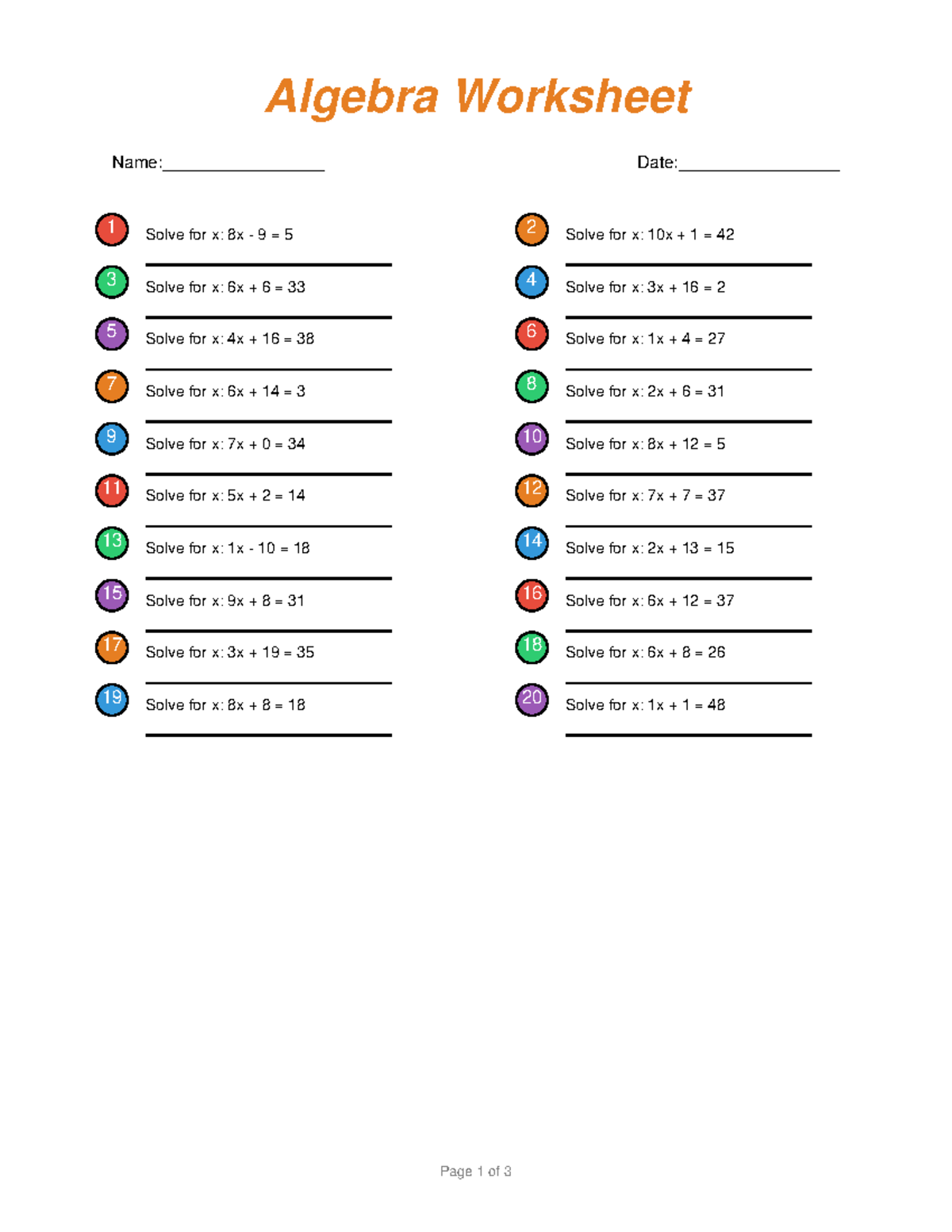Algebra Worksheet 1: Solving for x and Word Problems - Studocu