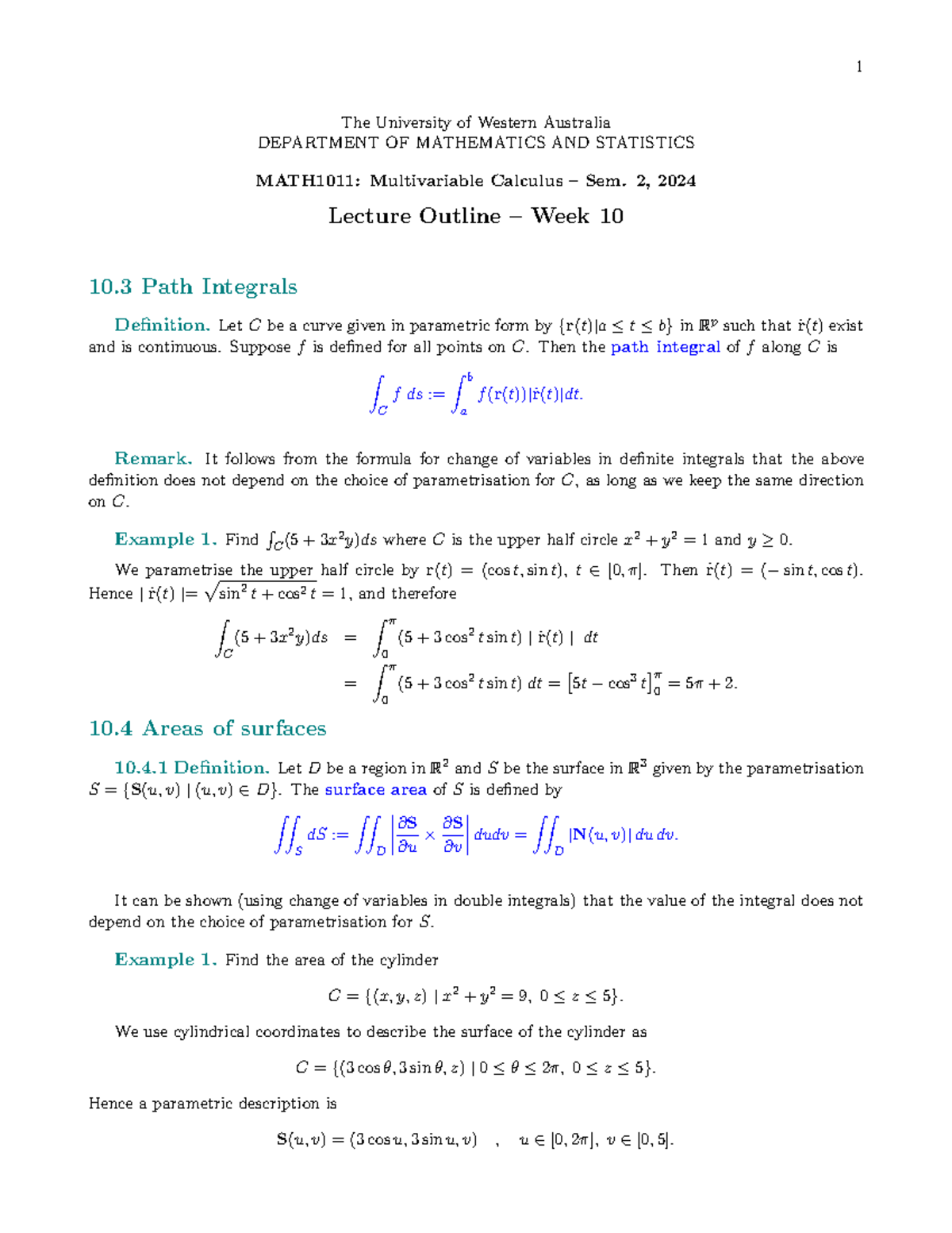 MATH1011: Multivariable Calculus Sem. 2, 2024 Lecture Notes - Week 10 ...