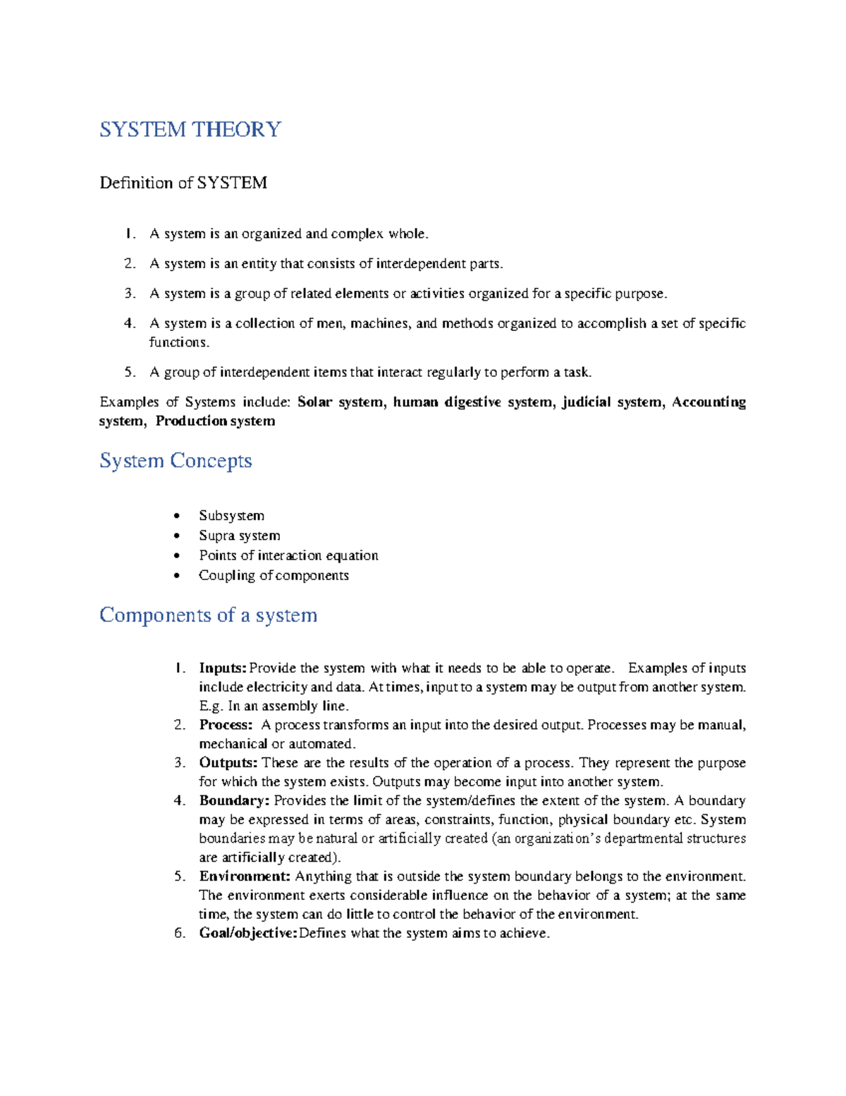 System Theory - Lecture Notes on Key Concepts and Applications - Studocu