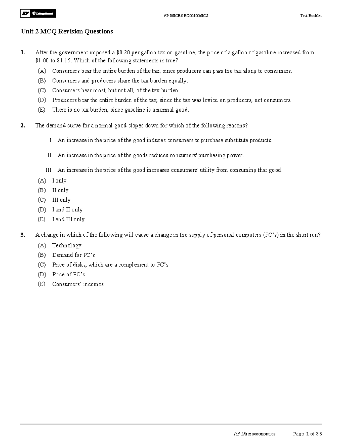 AP MICROECONOMICS Unit 2 MCQ Test Booklet Revision Questions - Studocu