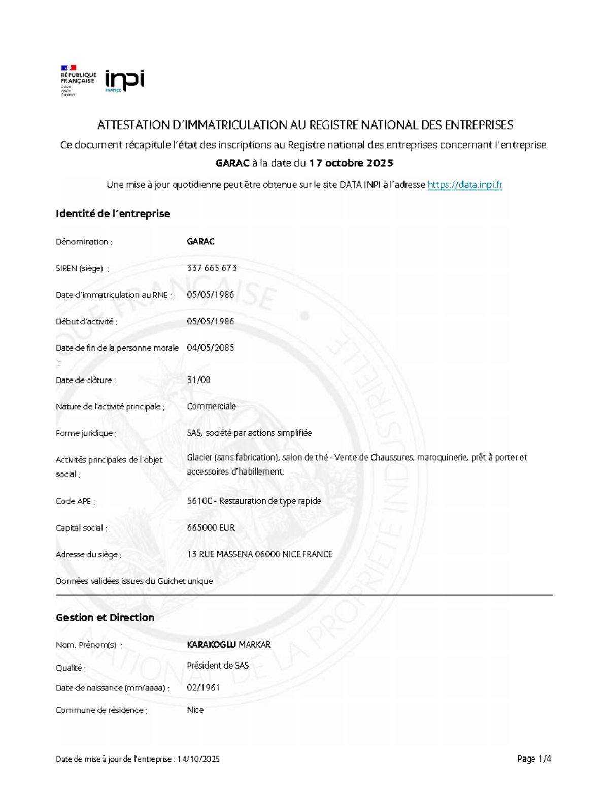 ATTESTATION RNE GARAC - Extrait Immatriculation INPI 337665673 - Studocu