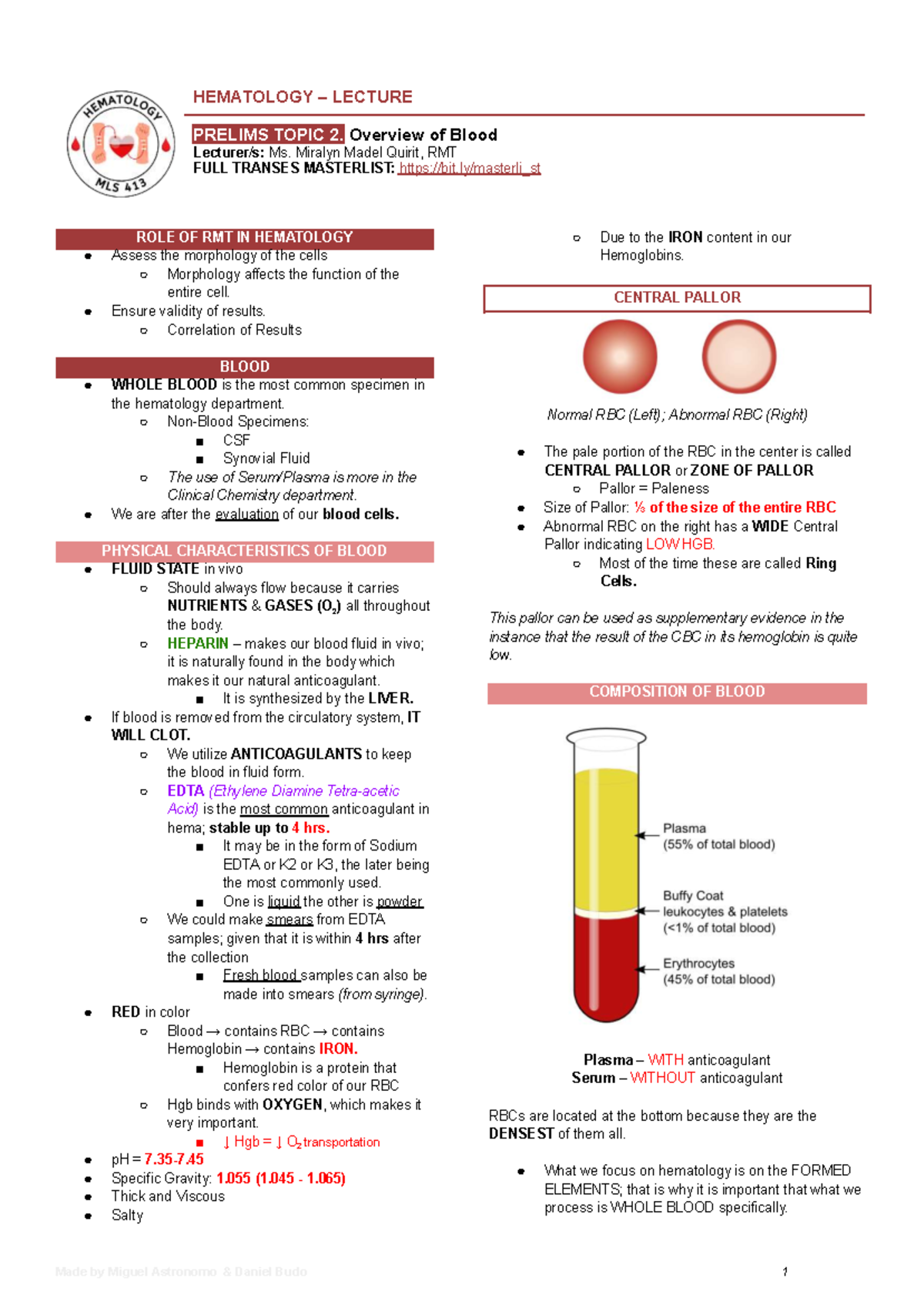 HEMATOLOGY LECTURE NOTES: PRELIMS TOPIC 2 & 3 OVERVIEW OF BLOOD ...