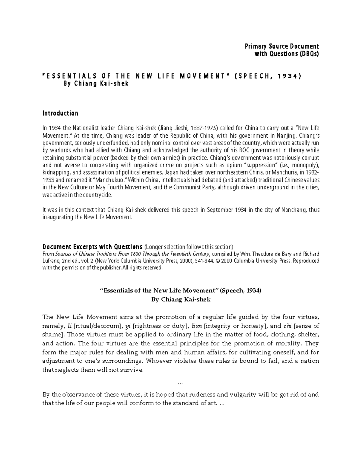 DBQ: The New Life Movement Speech (1934) by Chiang Kai-shek - Studocu