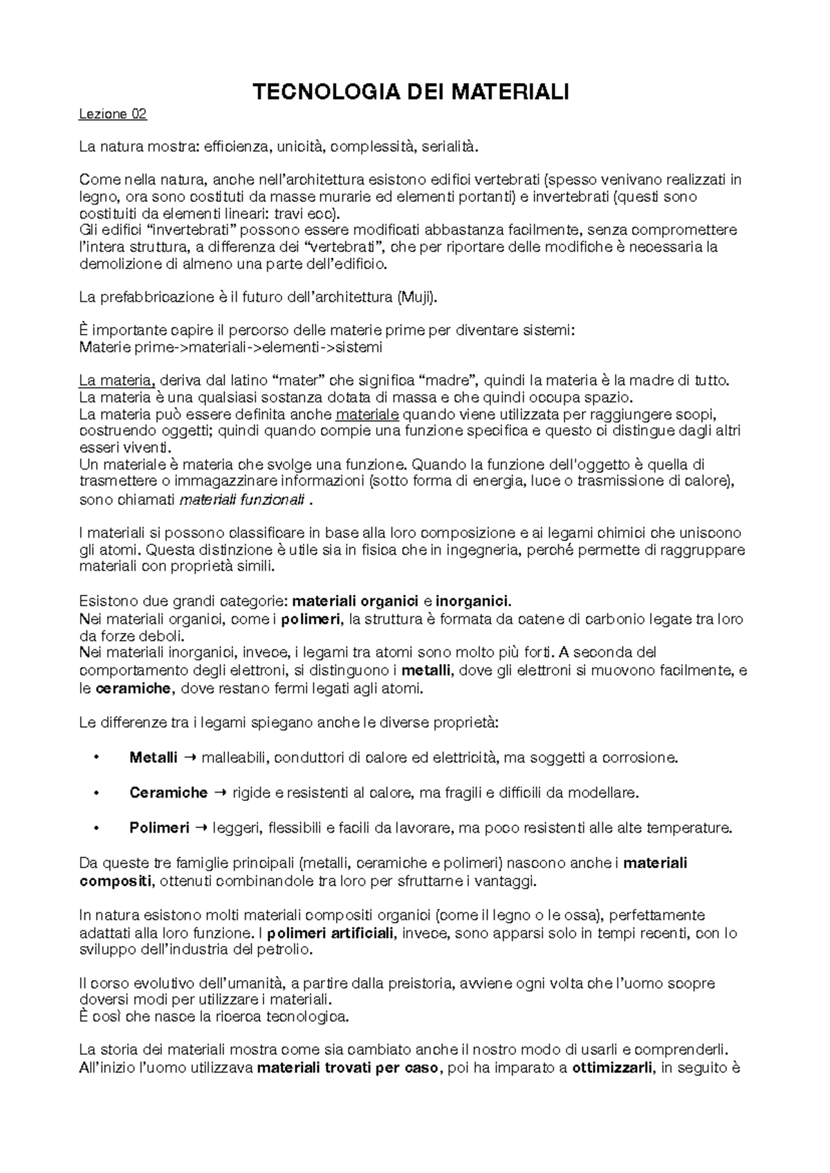 TECNOLOGIA DEI MATERIALI Lezione 02: Materia e Funzionalità dei ...