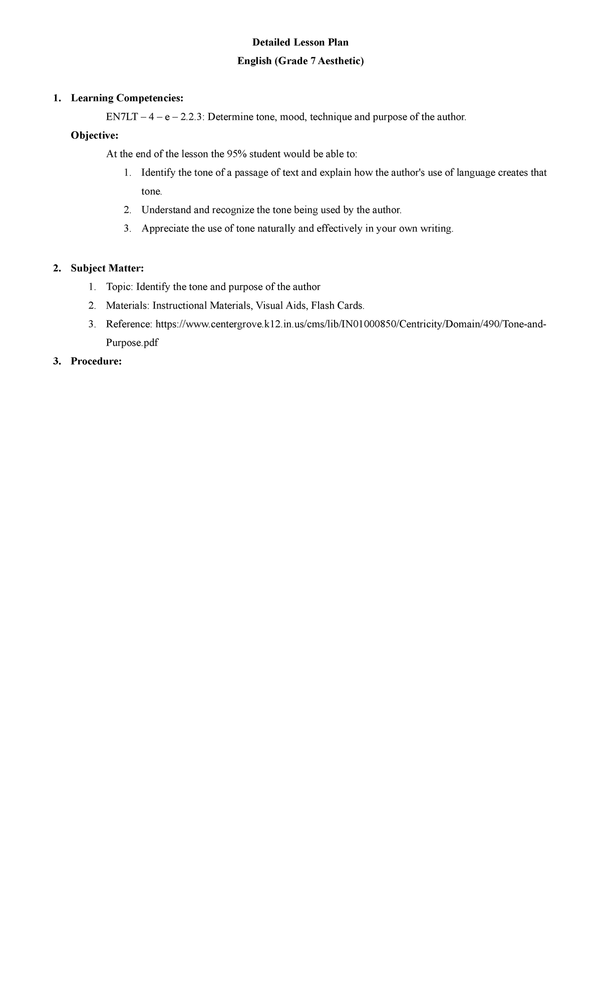 Grade 7 English Detailed Lesson Plan: Tone and Mood Analysis - Studocu