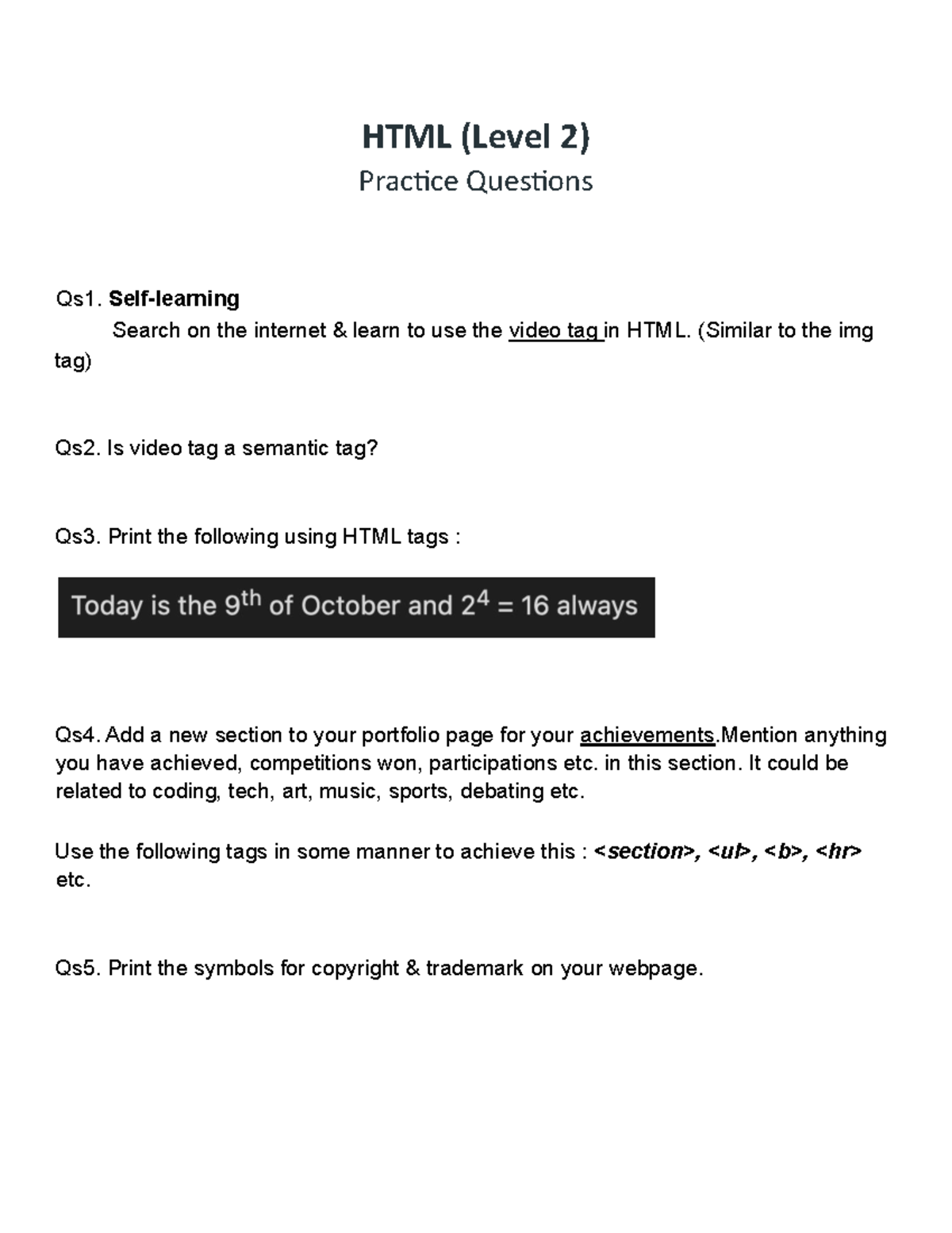 14.HTML Level 2 (Qs) - PRACTICE QUESIONS FROM HTML - HTML (Level 2 ...