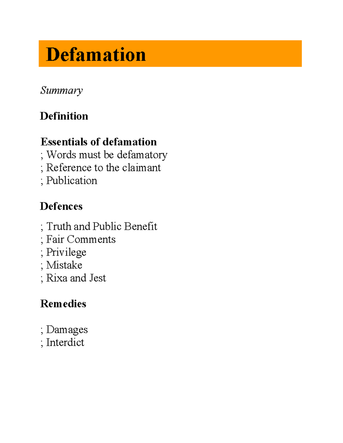 Defamation law essentials: Key concepts and case summaries - Studocu