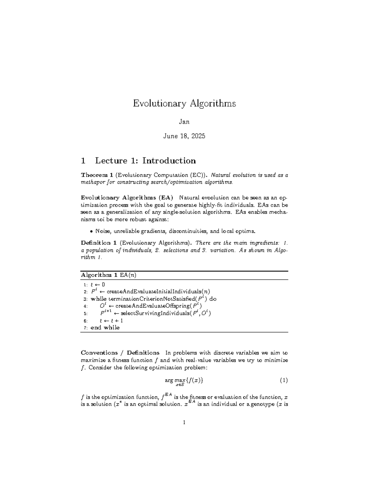 Evolutionary Algorithms and Multi-Objective Optimization: Lecture Notes ...