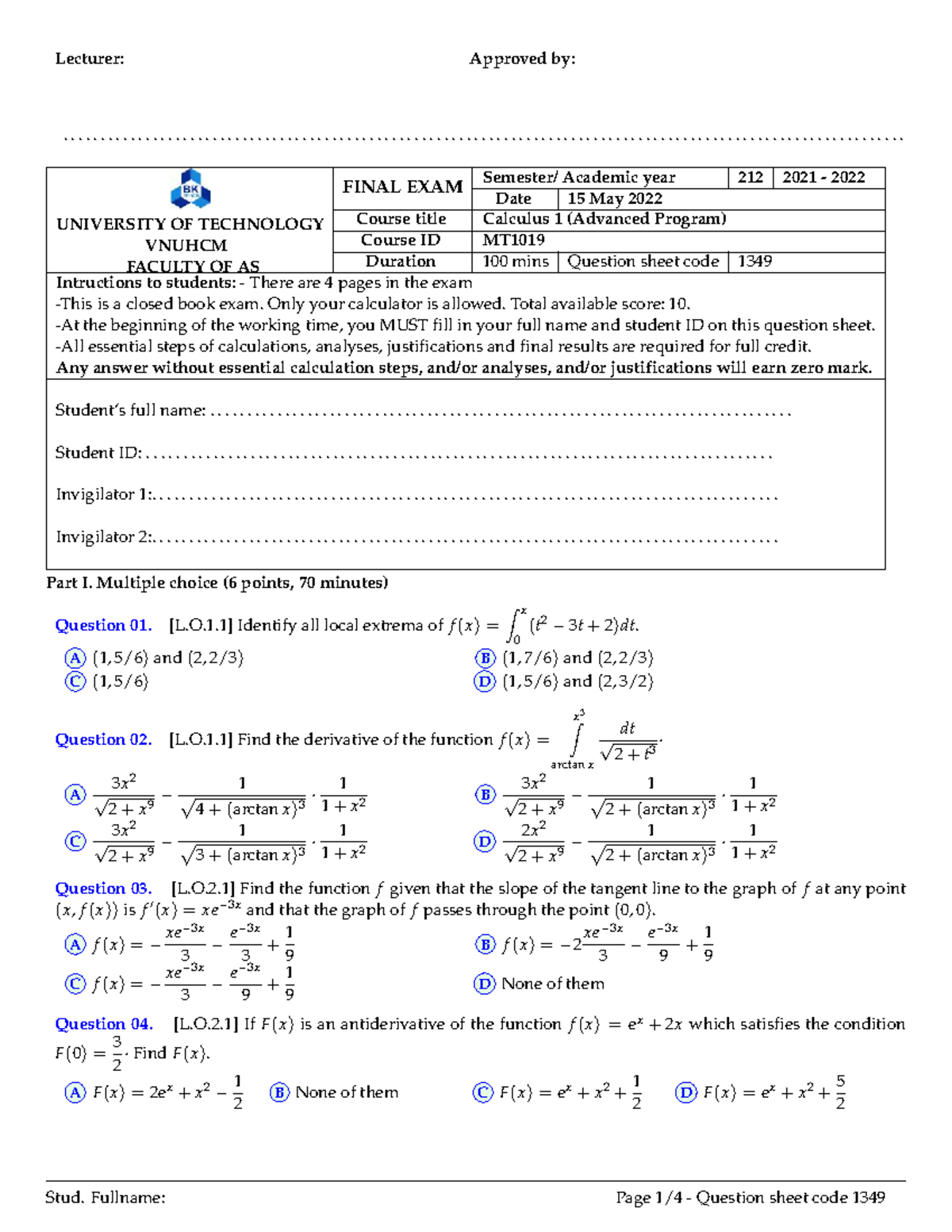FINAL EXAM MT1019: Calculus 1 (Advanced Program) - May 15, 2022 - Studocu