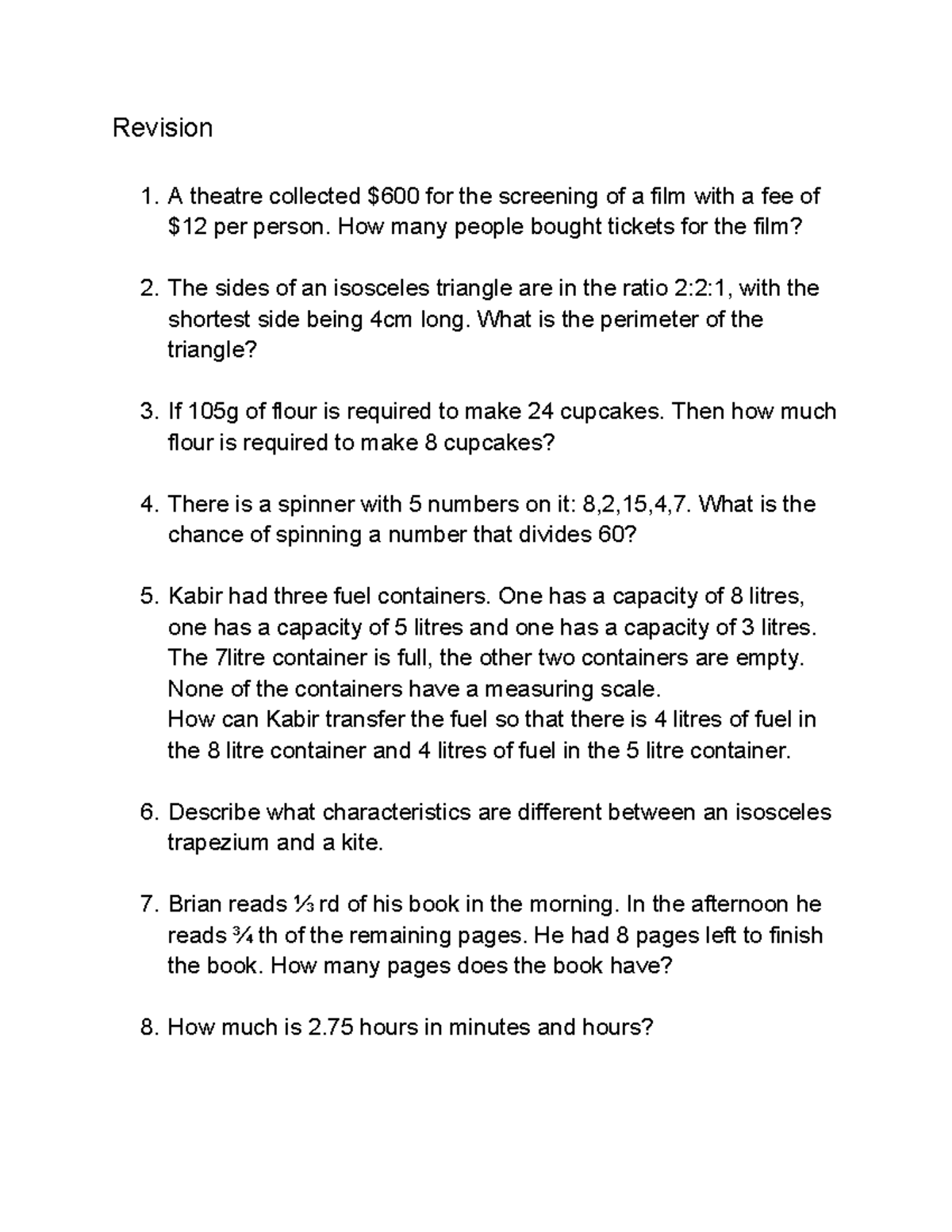 Math Revision Questions for Class 6 - Practice Problems - Studocu