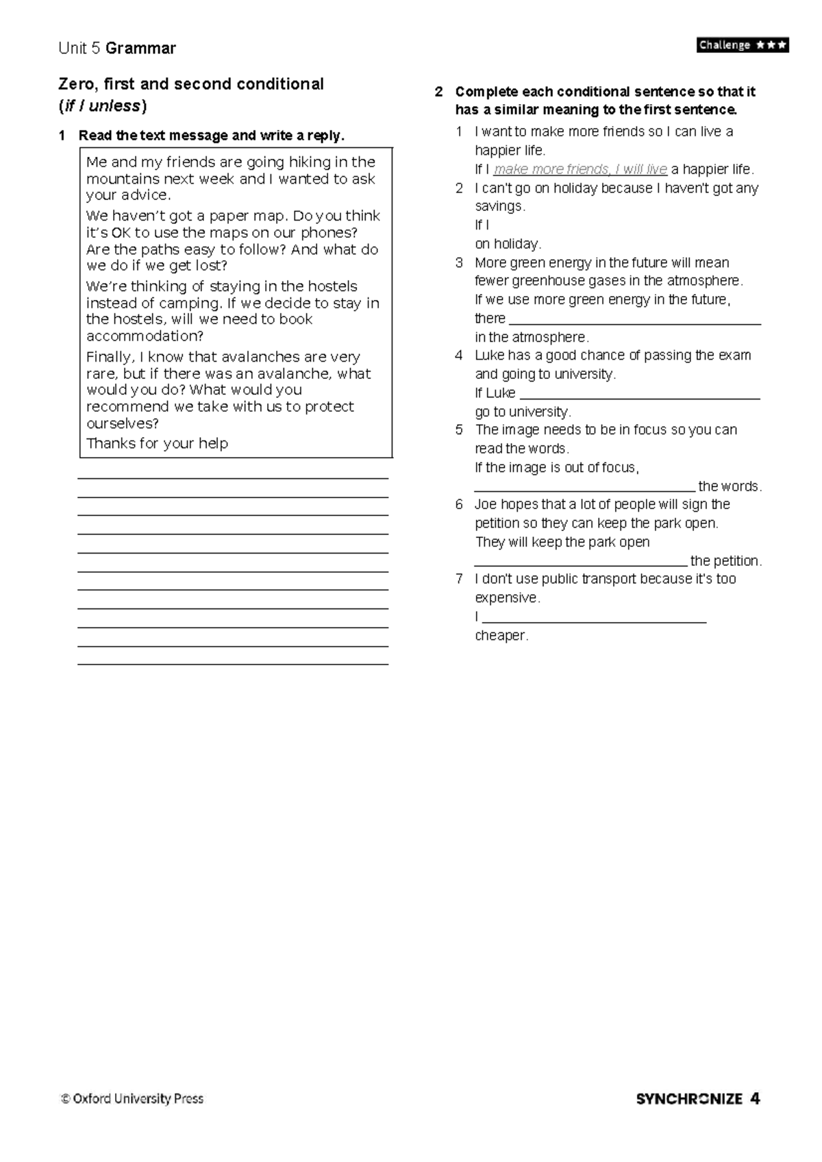 Unit 5 Challenge Grammar: Zero, First, and Second Conditionals - Studocu