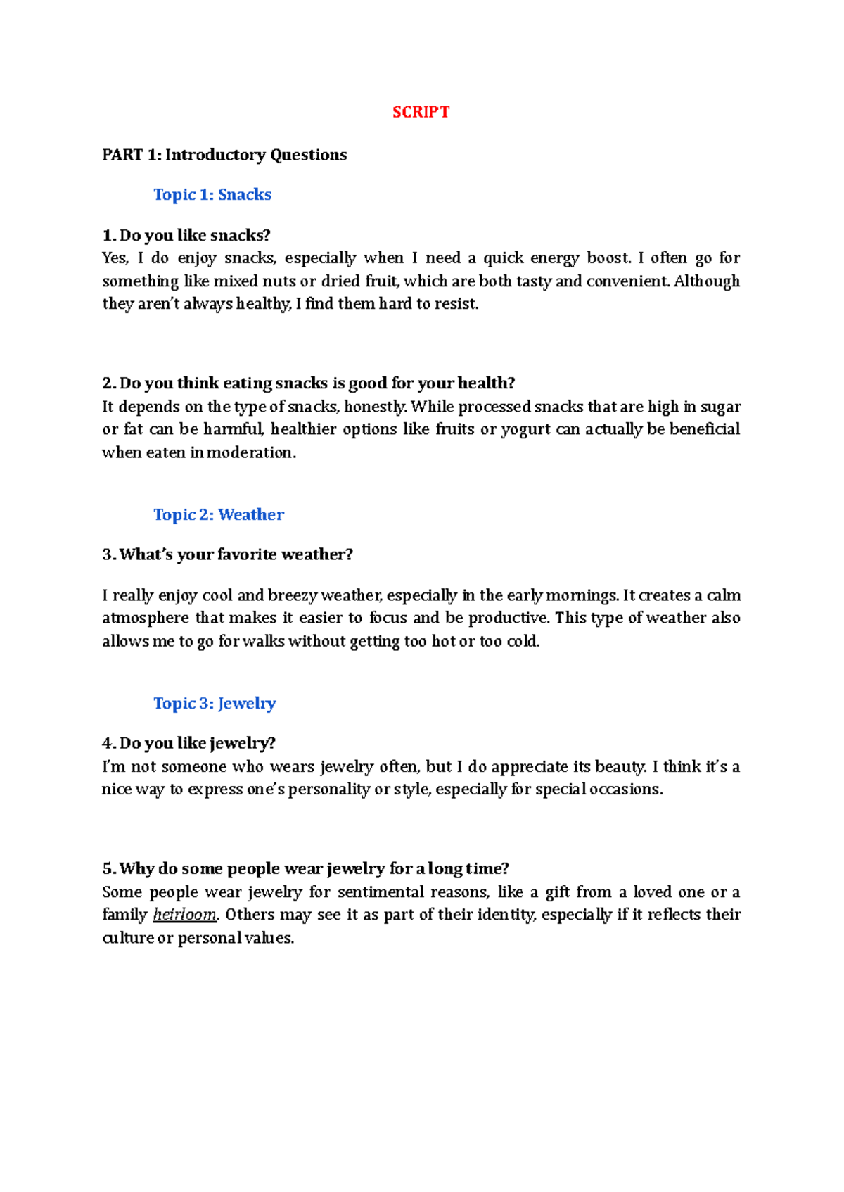 ADV - Script Practice: Speaking Topics for Advanced Learners - Studocu