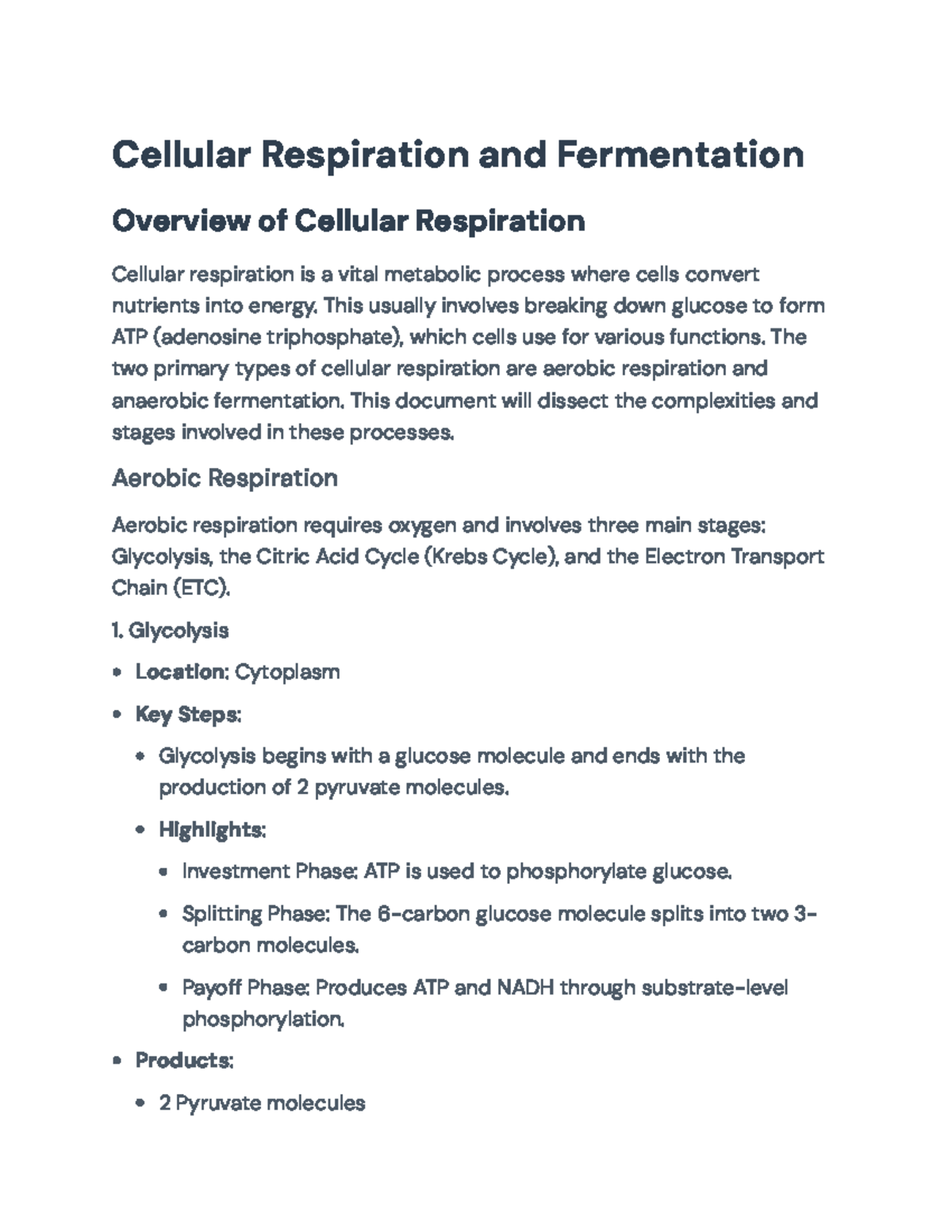 Cellular Respiration and Fermentation Overview for Biology 101 Exam ...