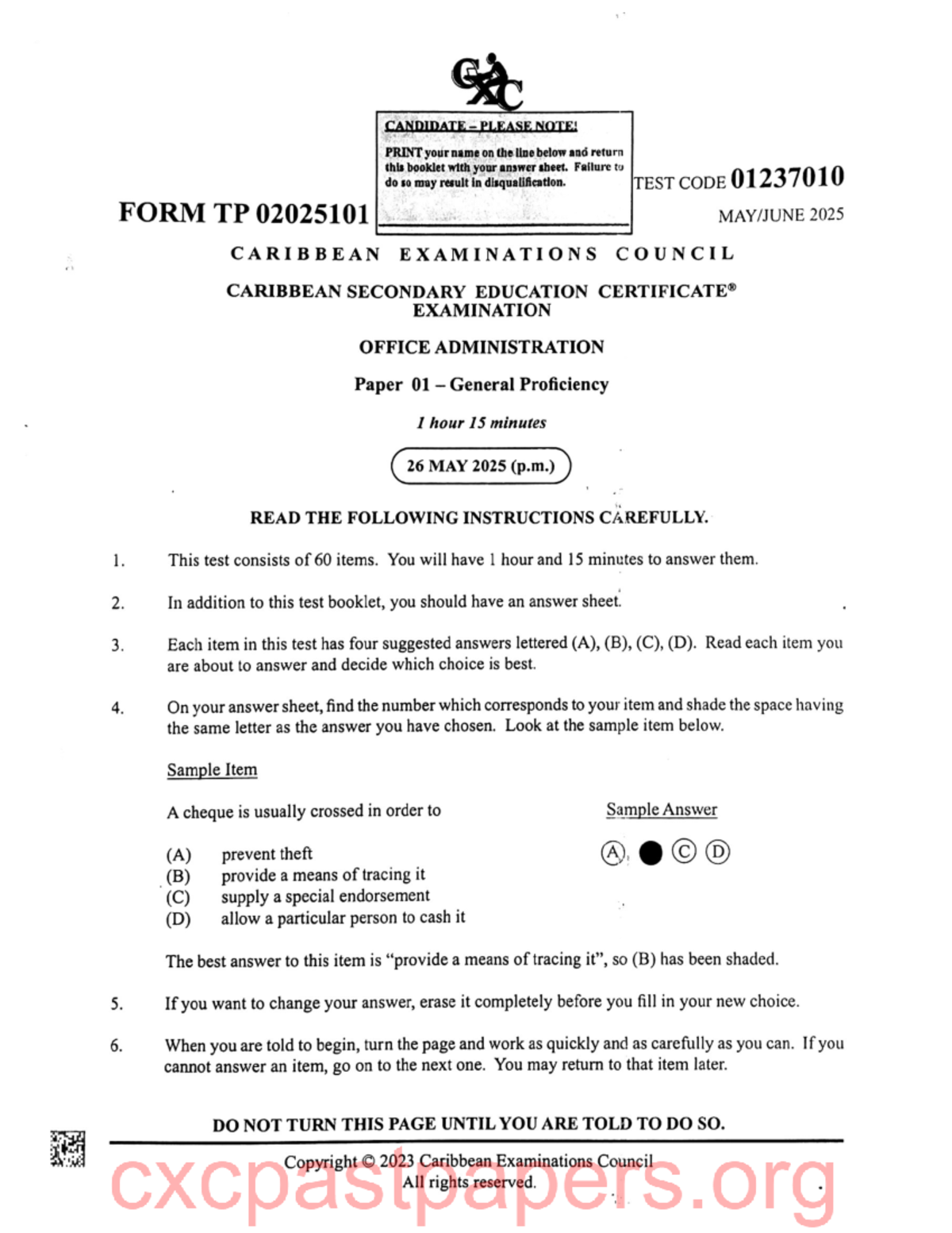 CSEC Office Administration Paper 01 Exam Instructions - June 2025 - Studocu