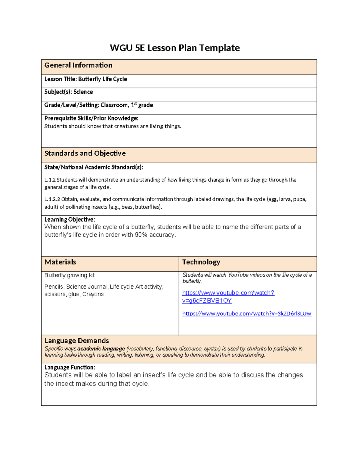 WGU 5E Lesson Plan: Butterfly Life Cycle for 1st Grade Science - Studocu