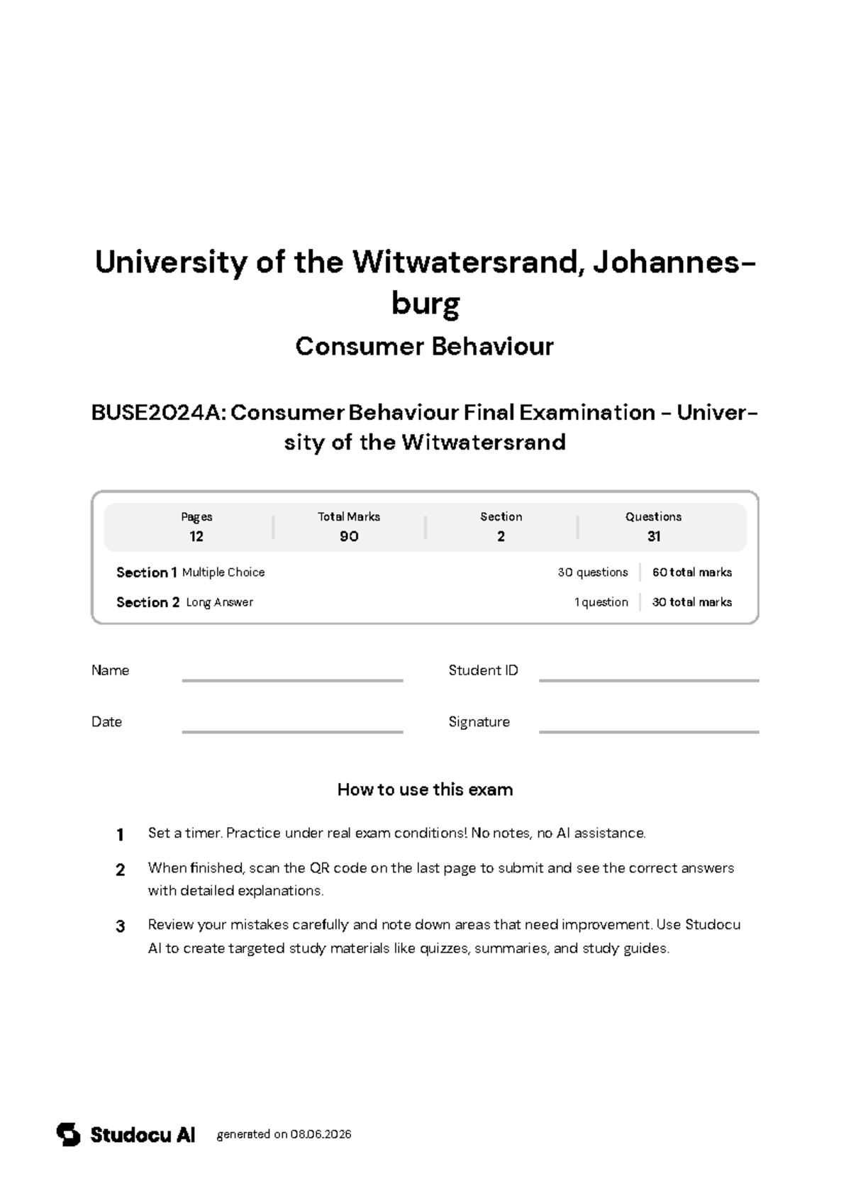 BUSE2024A: Consumer Behaviour Final Exam - Studocu