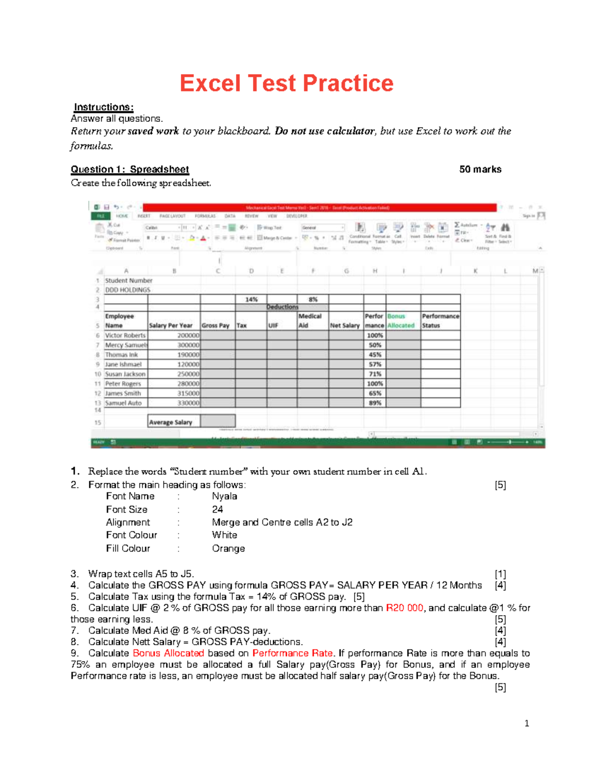 excell activity - 1 Instructions: Answer all questions. Return your ...