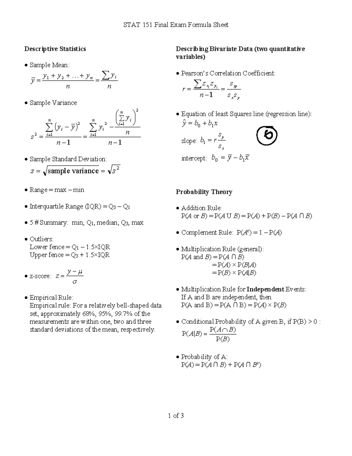 Stat 1X1 Formulas - Final - STAT 1 51 Final Exam Formula Sheet 1 of 3 ...