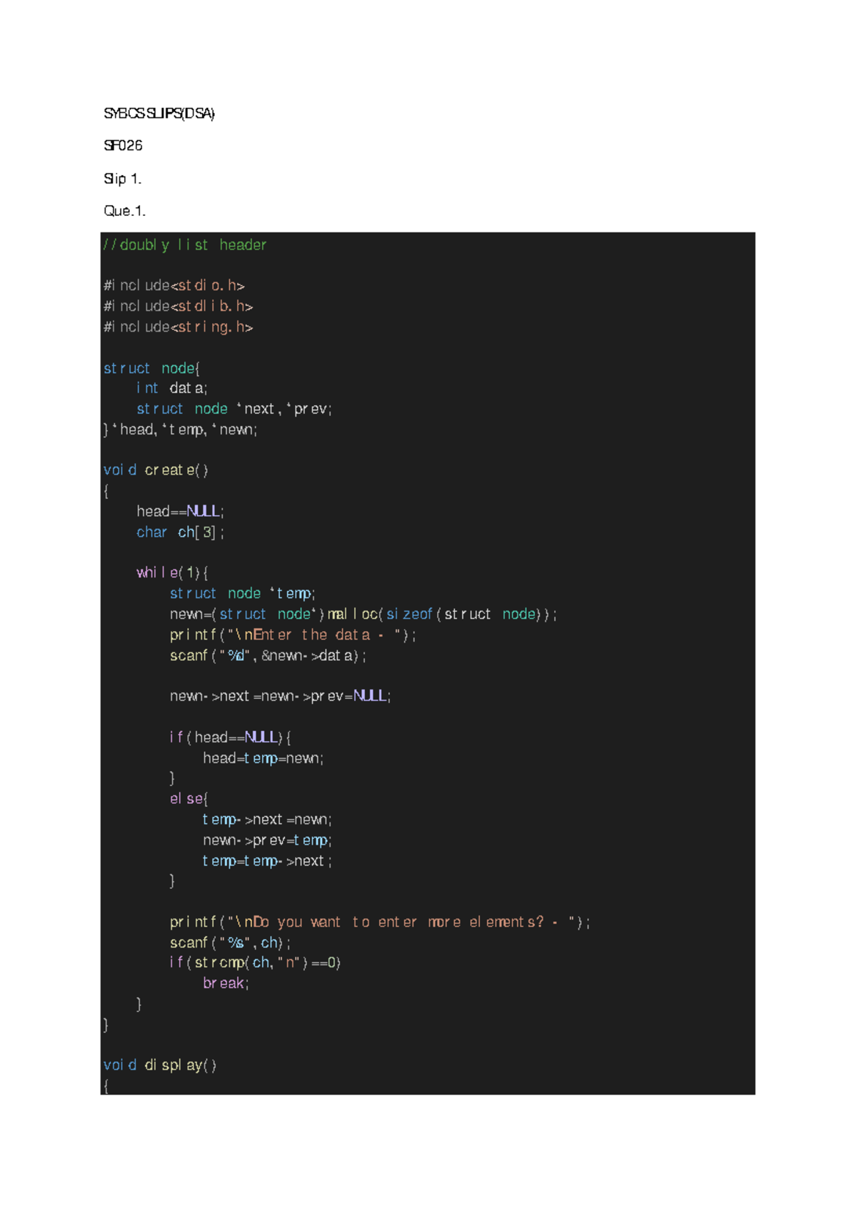 DSA solution of SY - SYBCS SLIPS(DSA) SF Slip 1. Que. //doubly list ...