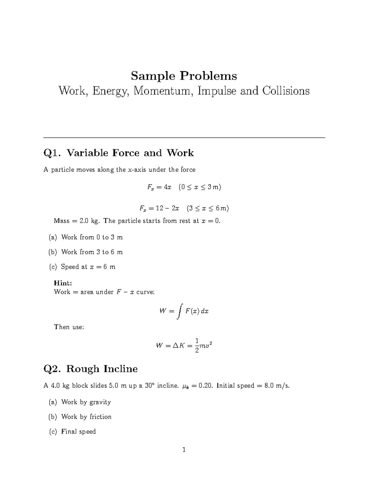Work, Energy, Momentum, and Collisions Sample Problems Q1-Q4 - Studocu