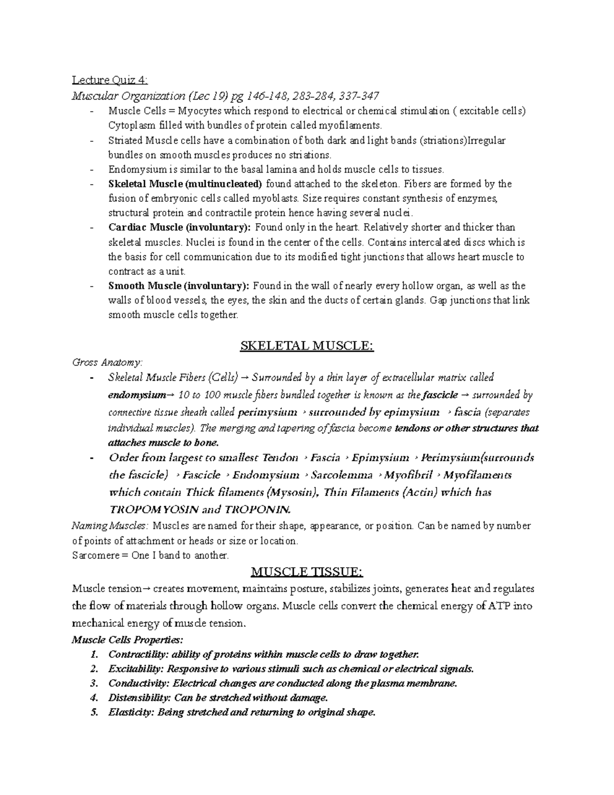 Lecture Quiz 4: Muscle Physiology & Organization Study Notes - Studocu