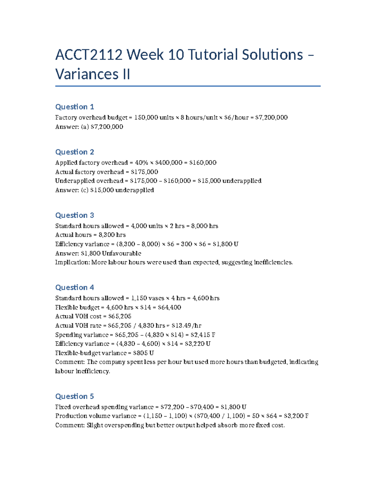 ACCT2112 Week 10 Tutorial Solutions: Variances Analysis - Studocu