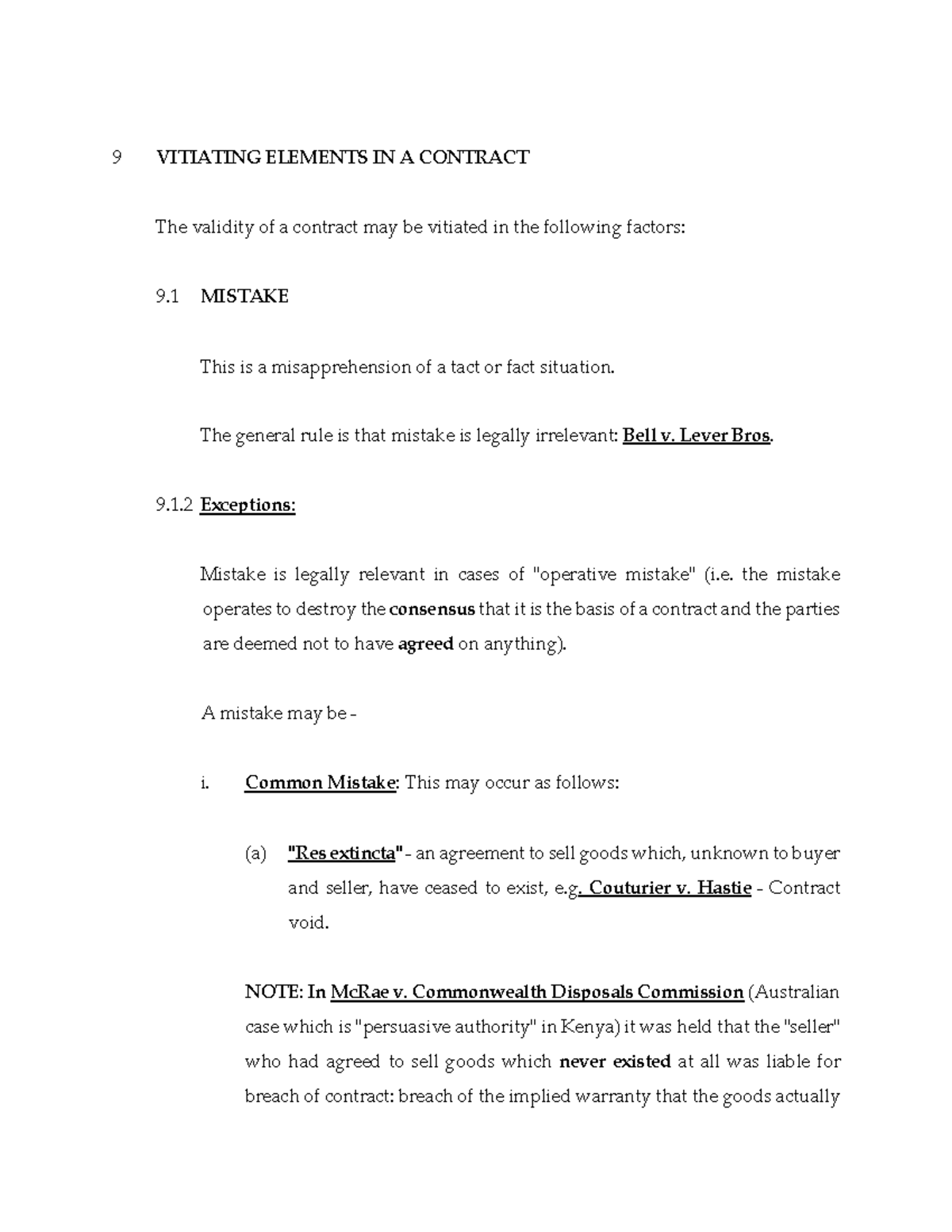 Contract 2 Notes: 9 Vitiating Elements in a Contract - Studocu