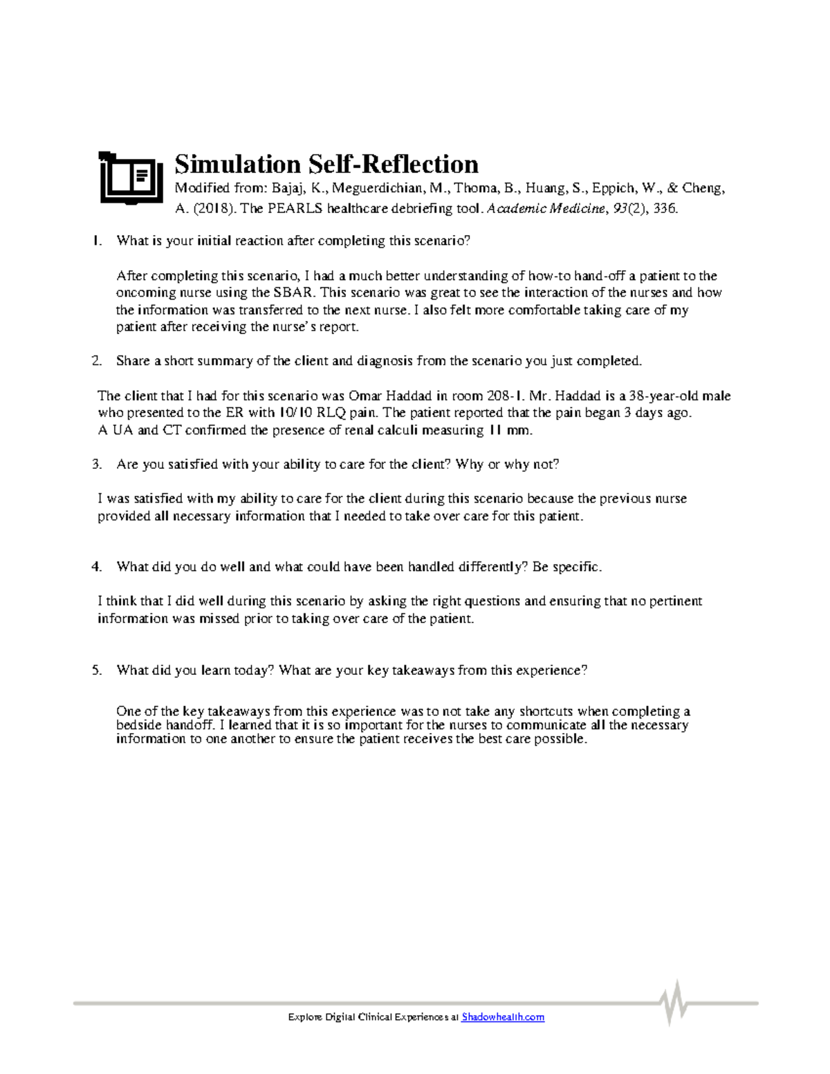 Simulation Self-Reflection on Digital Clinical Experiences (1) - Studocu