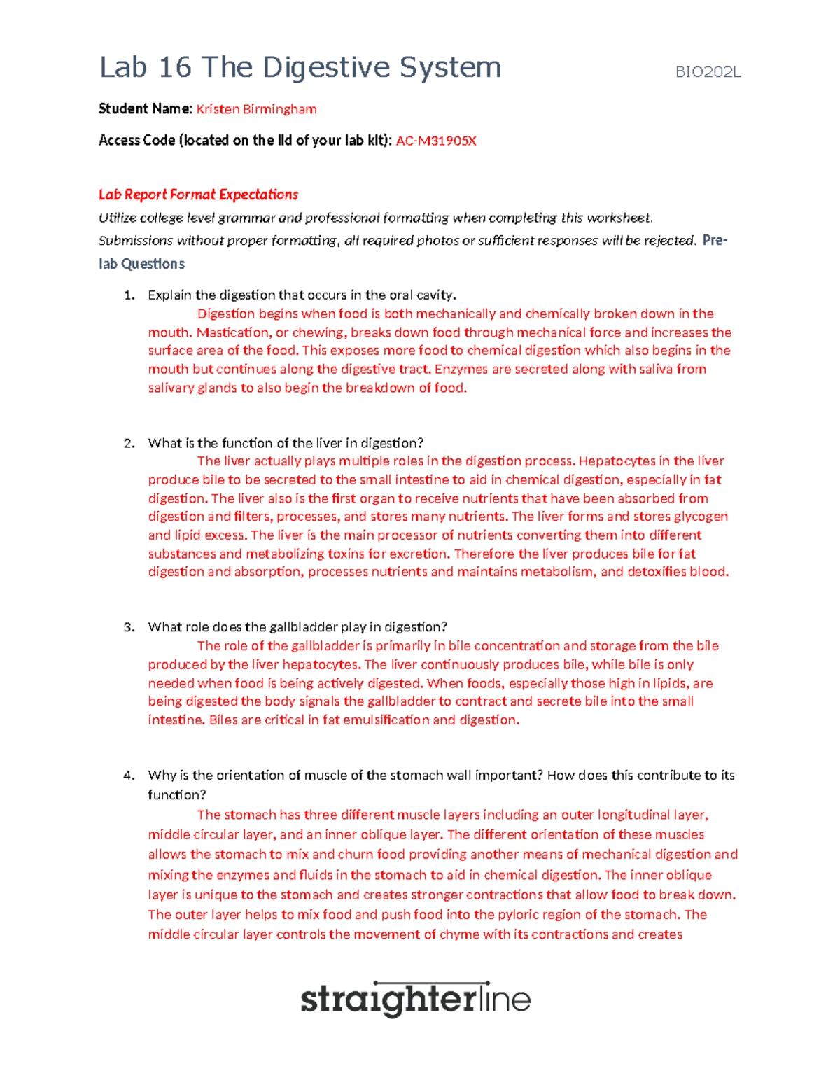 BIO202 Lab 16 - Comprehensive Study on Digestive System Anatomy and ...