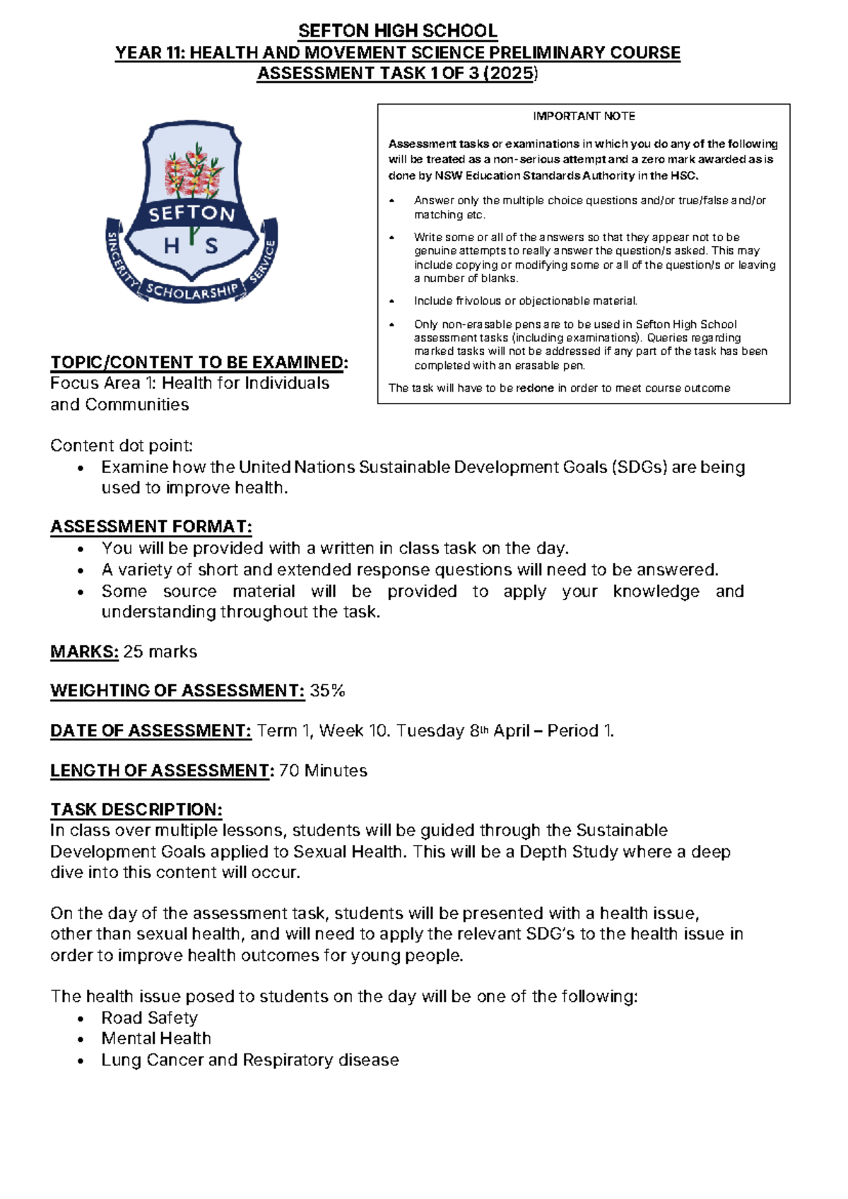 HMS Year 11 Prelim Task 1: Health & Movement Science (2025) - Studocu