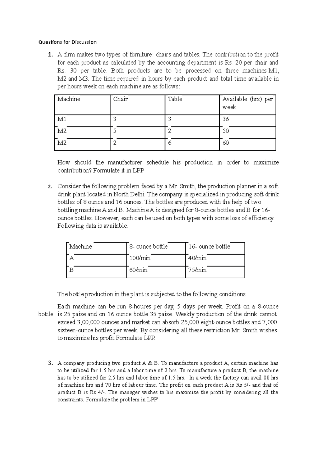 Discussion Questions on LPP Formulations for Production Optimization ...