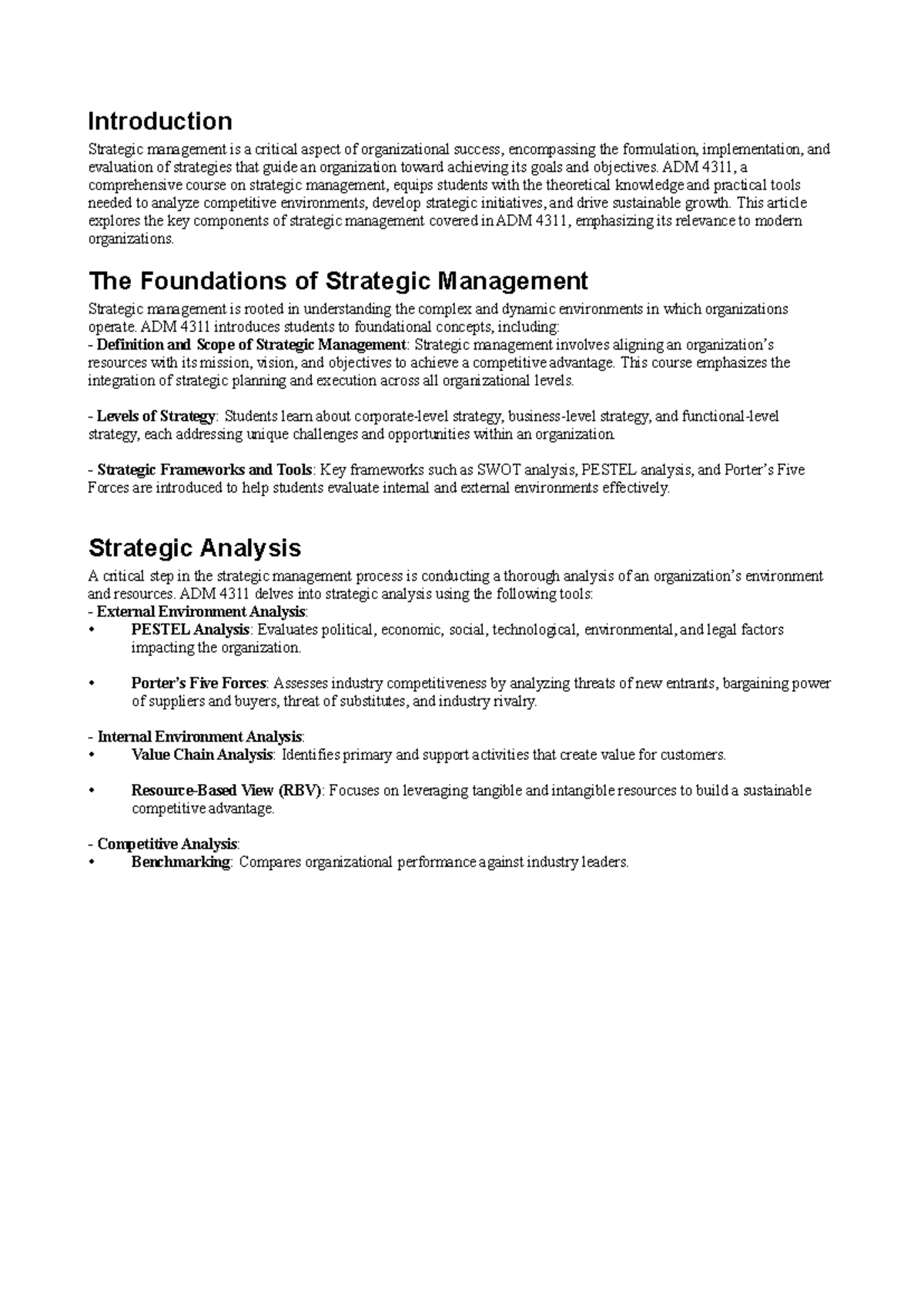 Strategic Management - ADM 4311 - Notes - Introduction Strategic ...