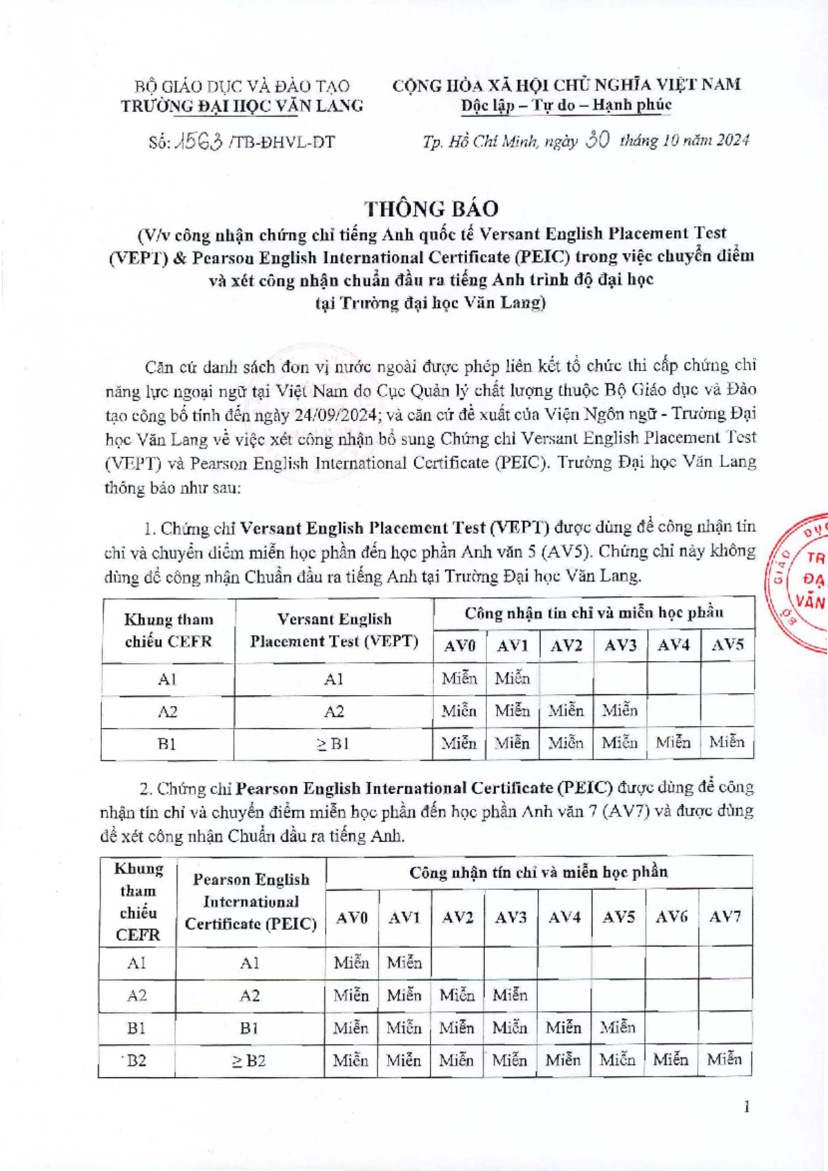Thông Báo Về Chứng Chỉ VEPT & PEIC Tại Trường Đại Học Văn Lang - Studocu