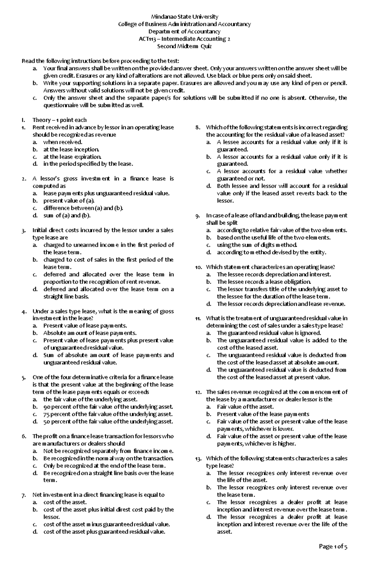 ACT113 Intermediate Accounting 2: 2nd Midterm Quiz Guide - Studocu