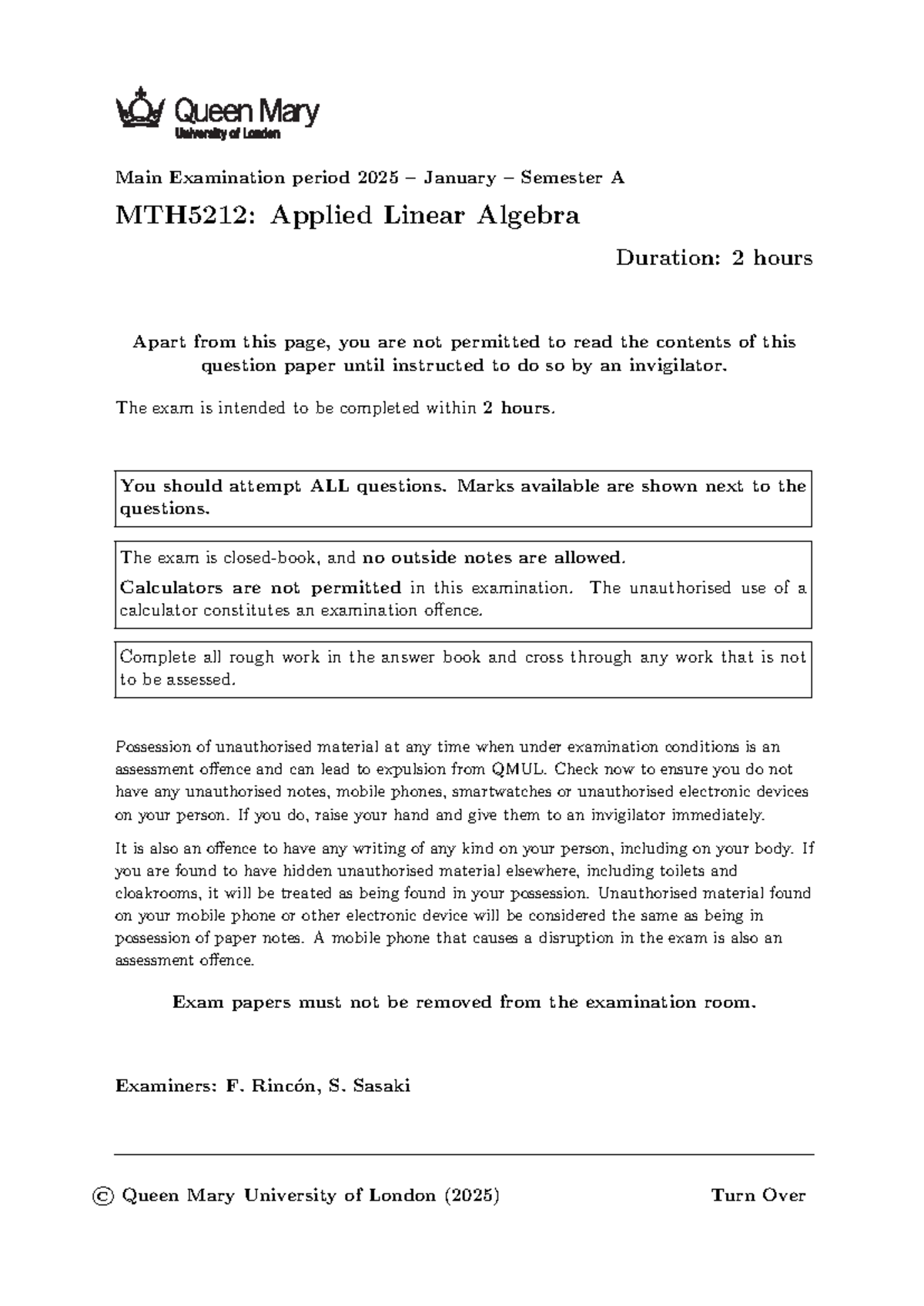 2025 Final Exam MTH5212: Applied Linear Algebra Instructions ...