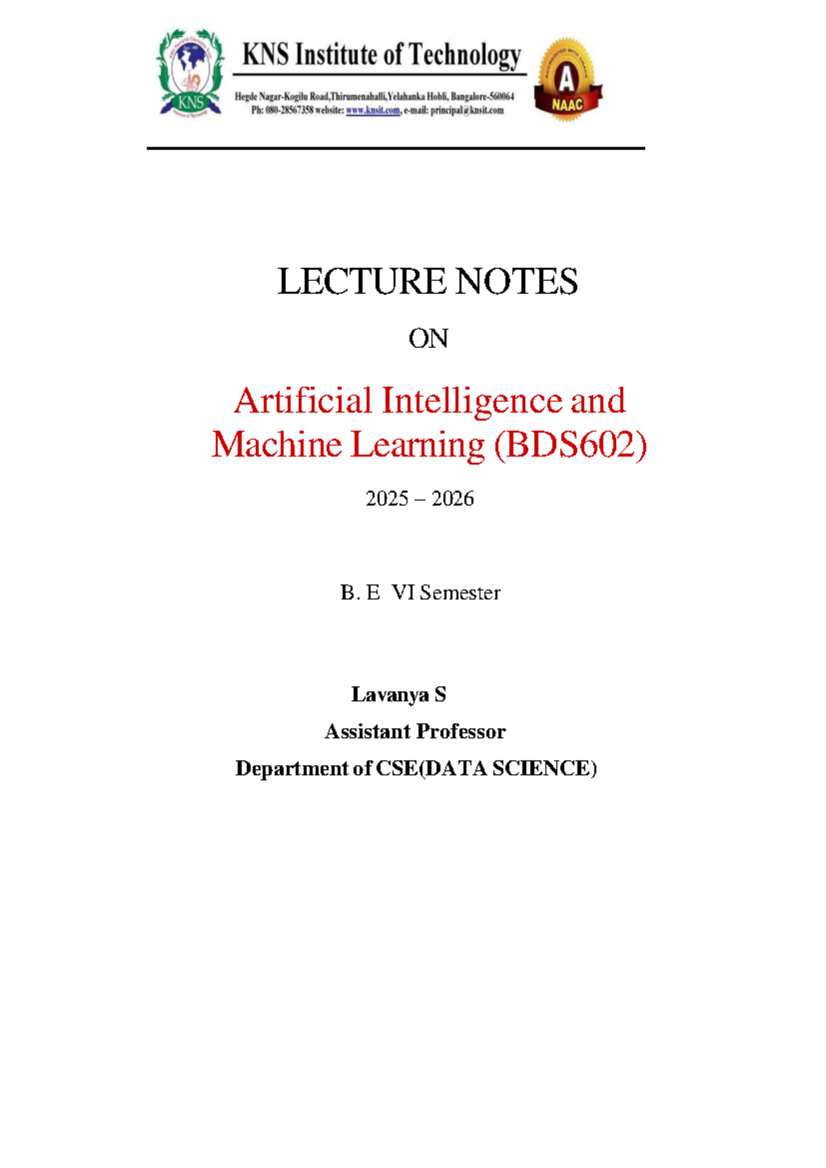 LECTURE NOTES ON AI & ML (BDS602) - MODULE 3: INTRO TO MACHINE LEARNING ...