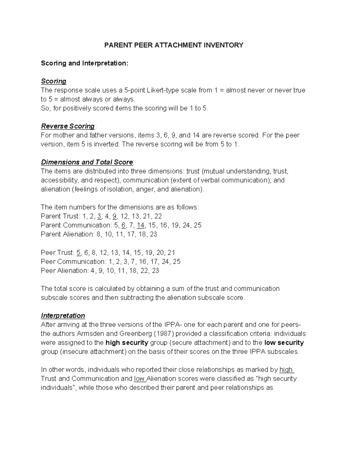 IPPA Scoring & Interpretation: Parent & Peer Attachment Inventory - Studocu