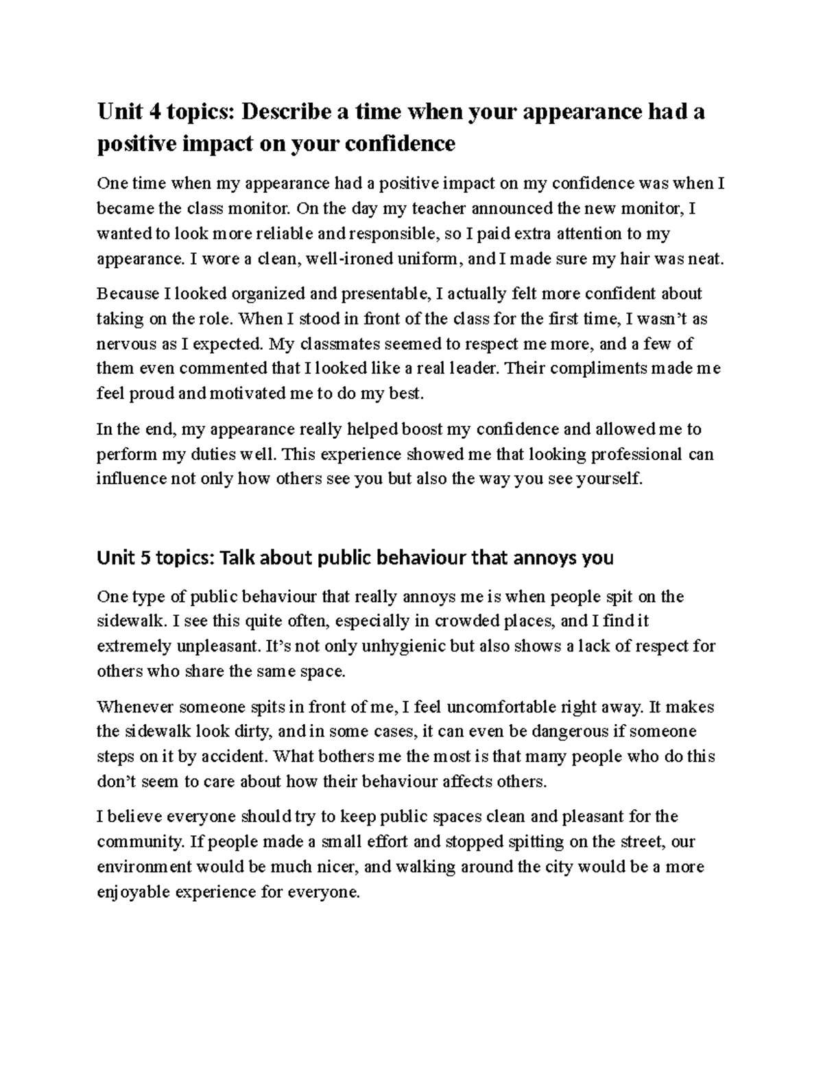 Speaking Test - Unit 4 & 5 Topics: Confidence & Public Behavior - Studocu