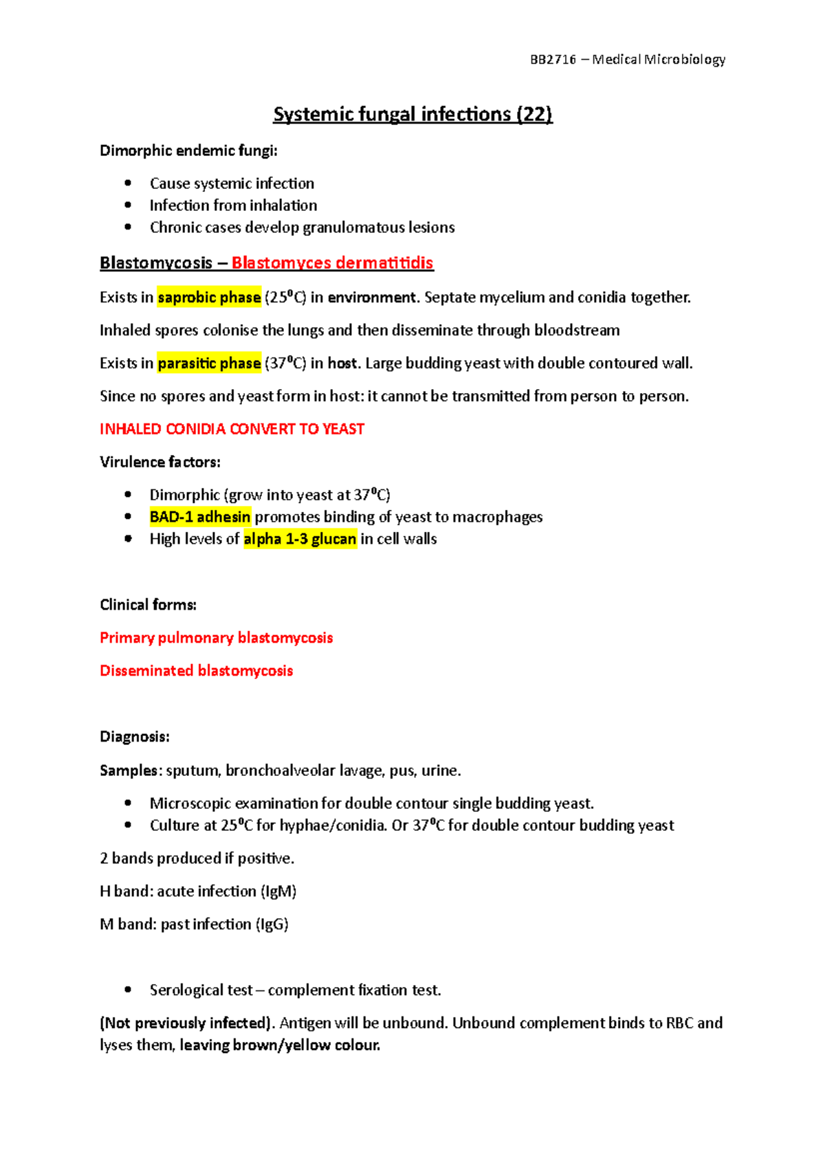 Systemic fungal infections (22) - BB2716 – Medical Microbiology ...