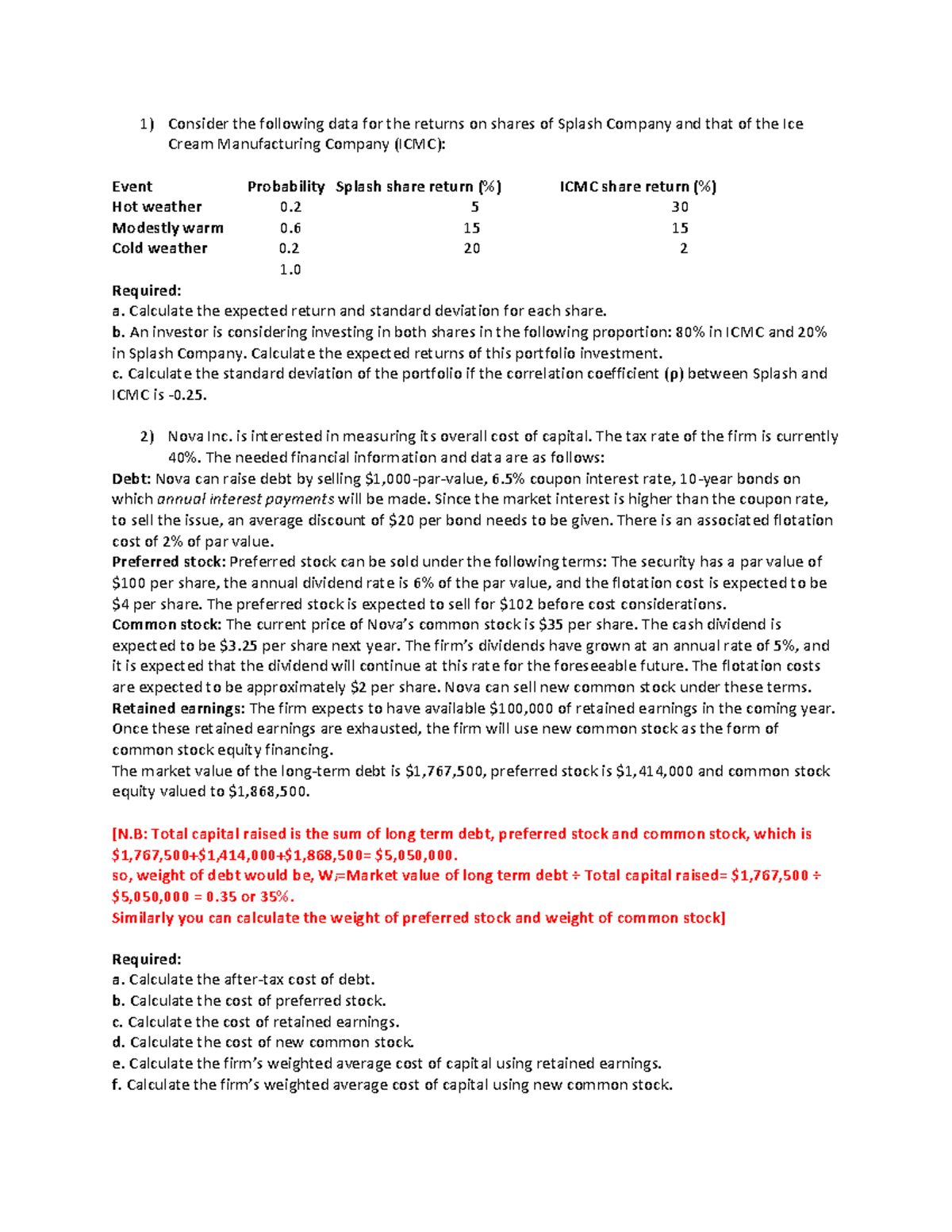 FIN254 Practice Problems: Expected Returns & WACC Calculations - Studocu