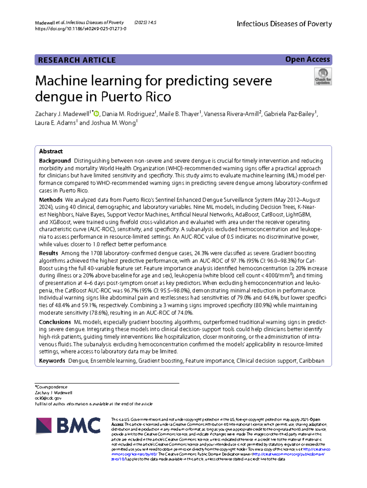 Machine Learning Approaches for Predicting Severe Dengue in Puerto Rico ...