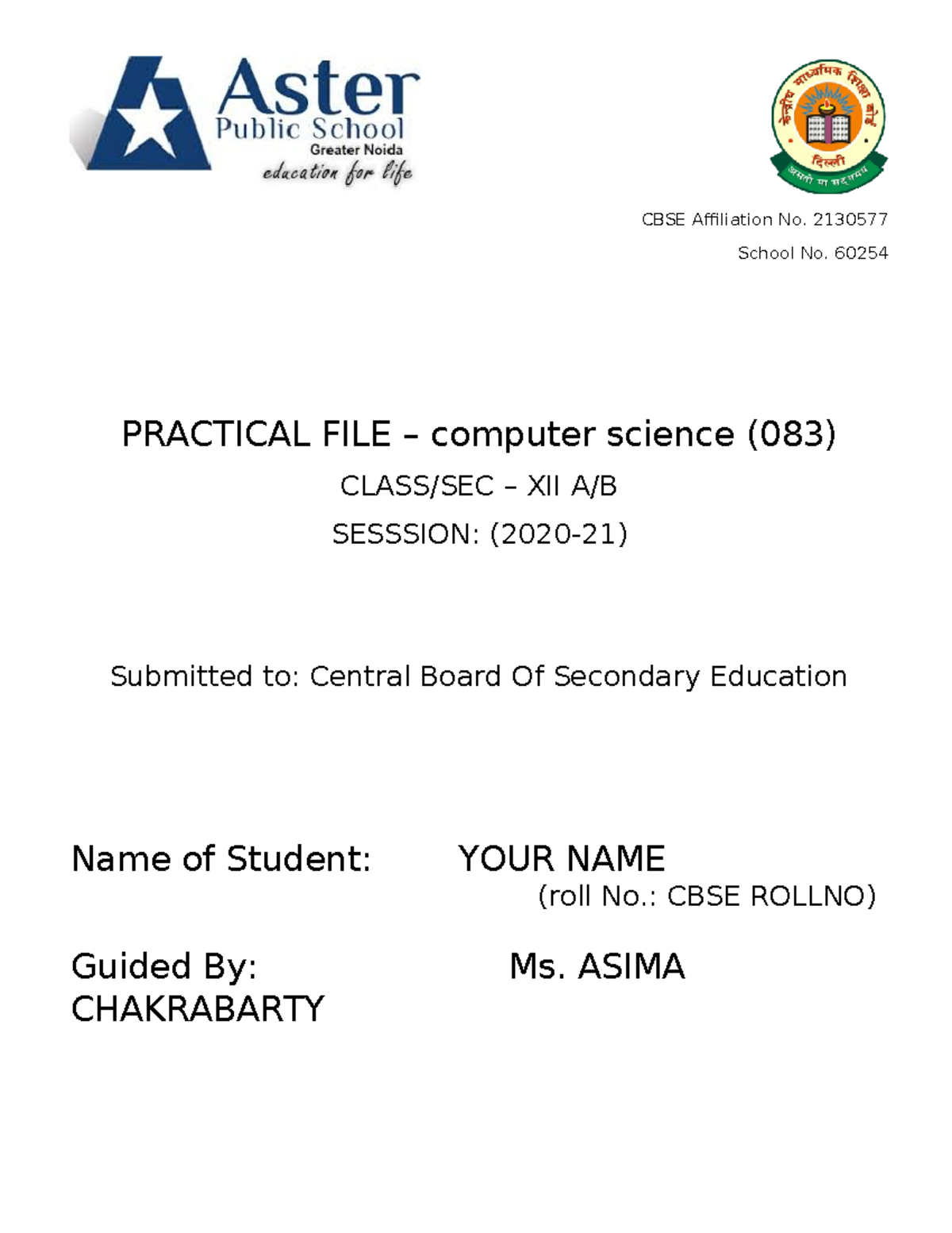 Practical FILE Coverpage - Computer Science SL - CBSE Affiliation No ...