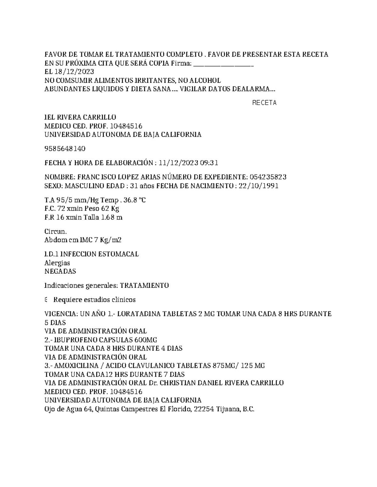 Receta Médica para Infección Estomacal - 693419298 - Studocu
