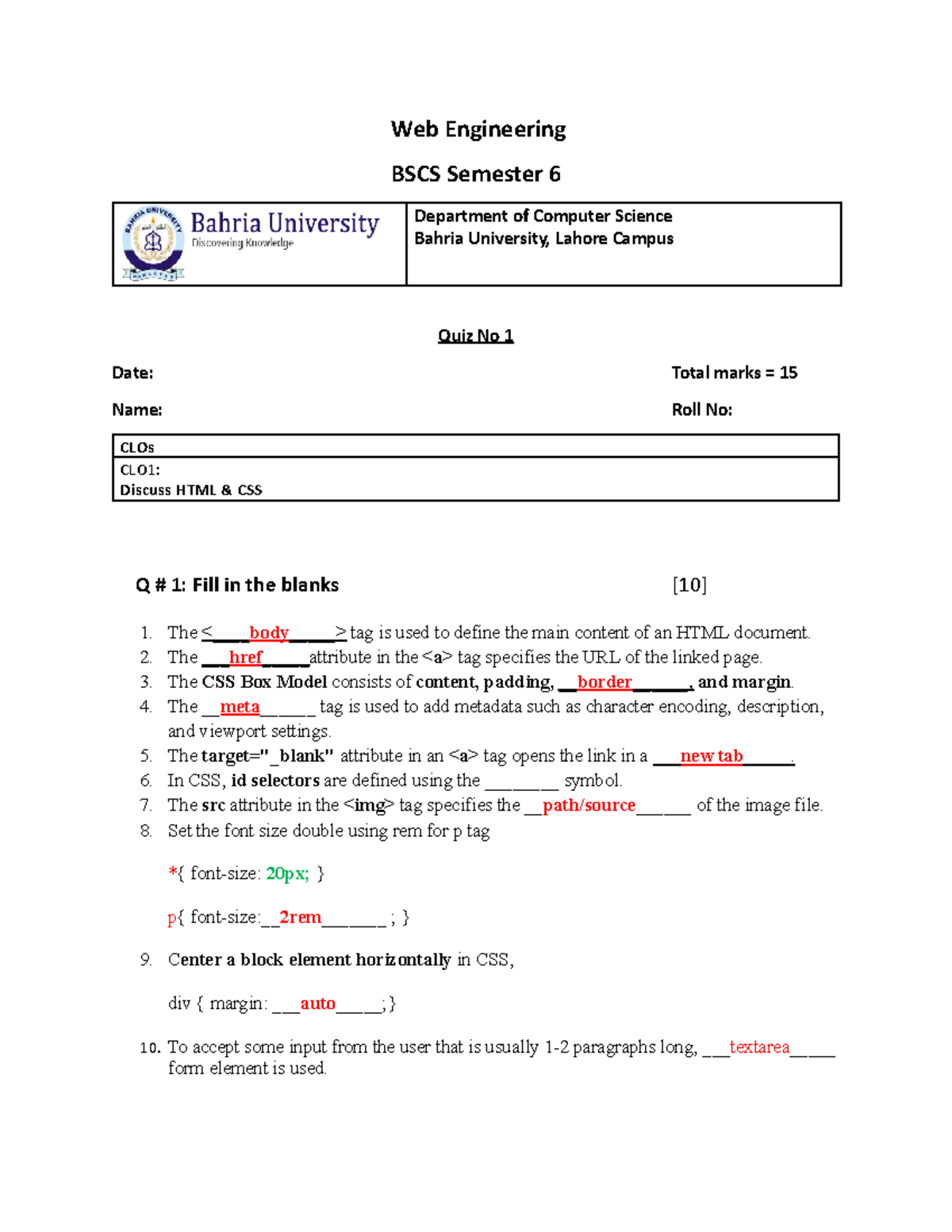Web Engineering BSCS Sem 6 Quiz No 1 Solutions and Notes - Studocu